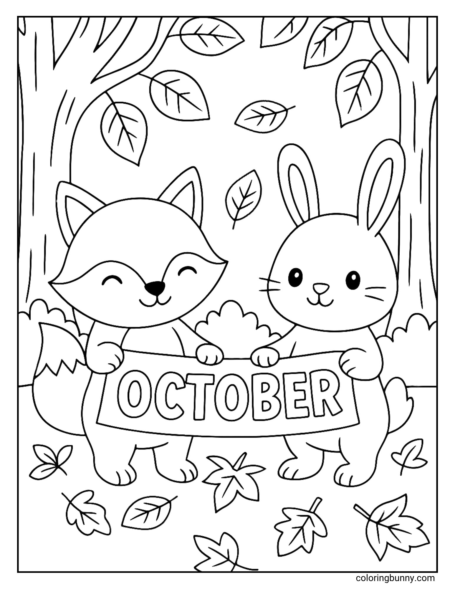 A black and white coloring page of a fox and a rabbit working together to hold up a banner that says 'October'. They are standing in a forest surrounded by falling leaves, both with happy expressions as they welcome the month.