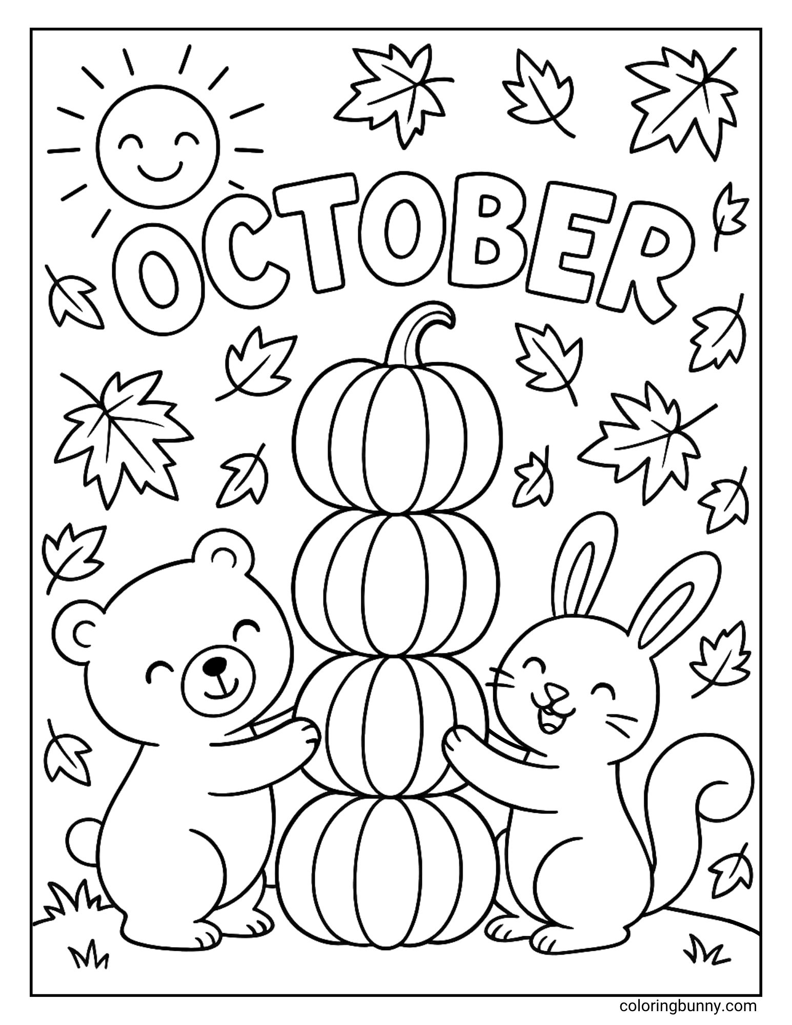 A cheerful October coloring sheet showing a bear and a rabbit working together. They are happily stacking four pumpkins on top of each other to build a tall tower under a smiling sun, with autumn leaves falling around them.