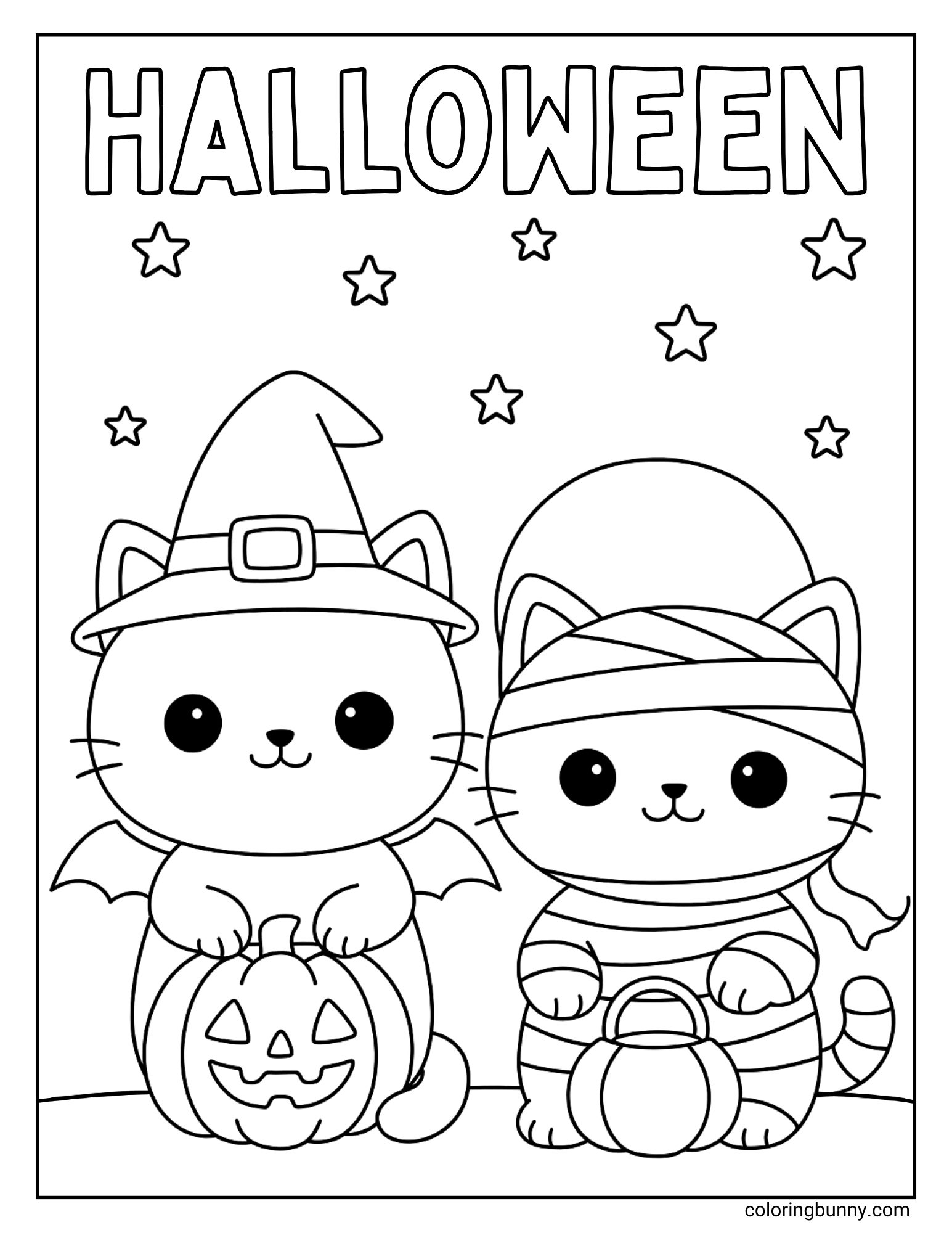 A cat Halloween coloring page with the word "HALLOWEEN" at the top. Below, two cats are in costume: one as a witch with bat wings resting on a jack-o'-lantern, and one as a mummy holding a pumpkin pail. A full moon and stars are in the background.