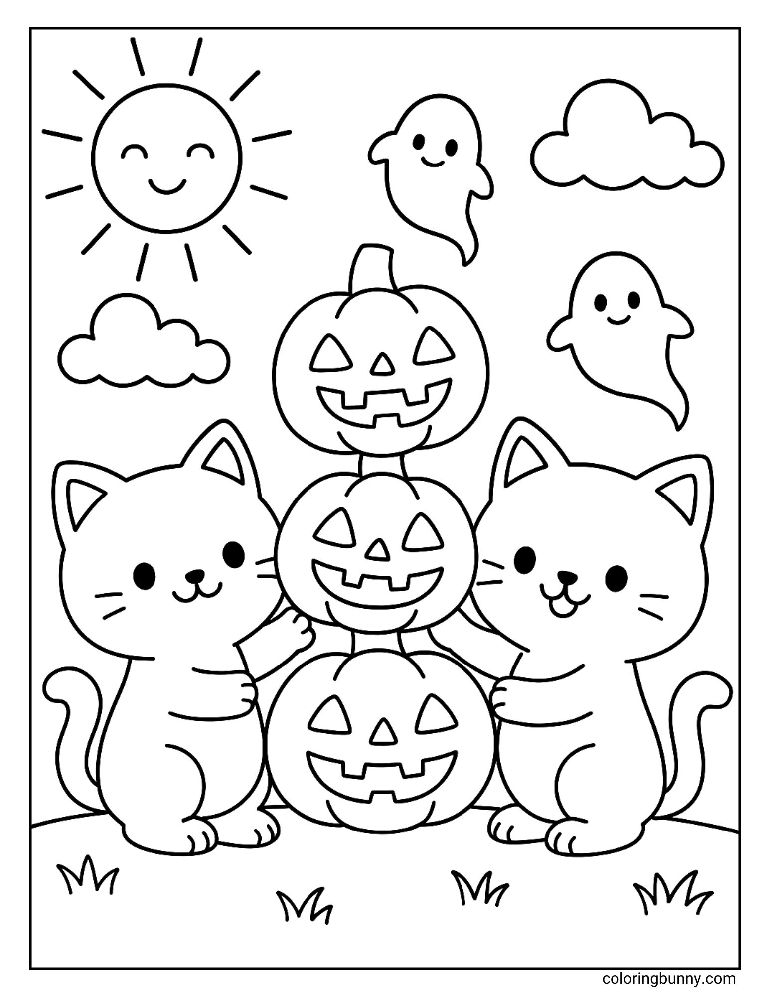 A cat Halloween coloring page of two cats working together to build a tower of three stacked jack-o'-lanterns. The scene takes place during the day, with a smiling sun, clouds, and two friendly ghosts in the sky.