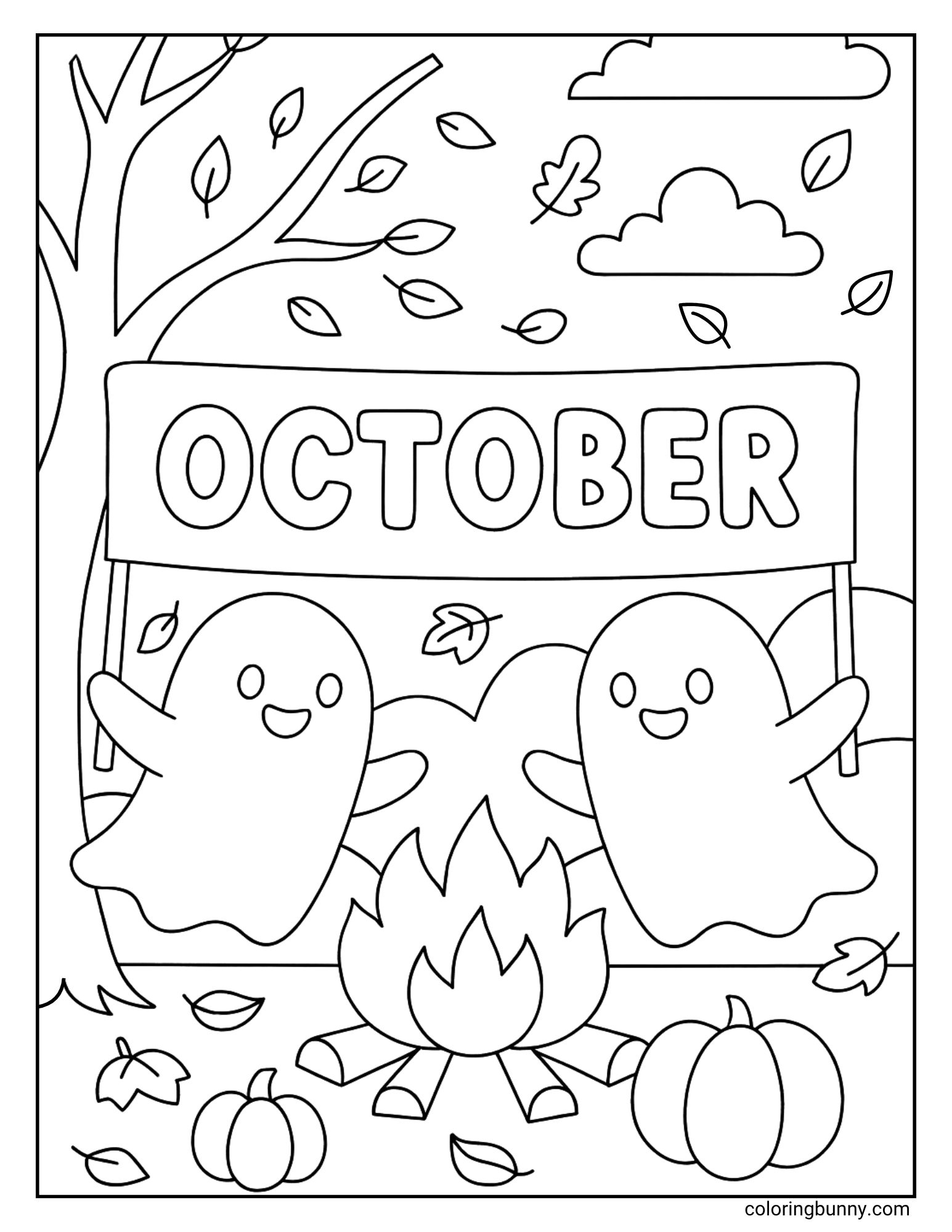A fun coloring page of a celebration for the start of October. Two cute ghosts are standing by a campfire and holding up a large banner that says 'OCTOBER'. The happy scene is set in a park with falling leaves and pumpkins.