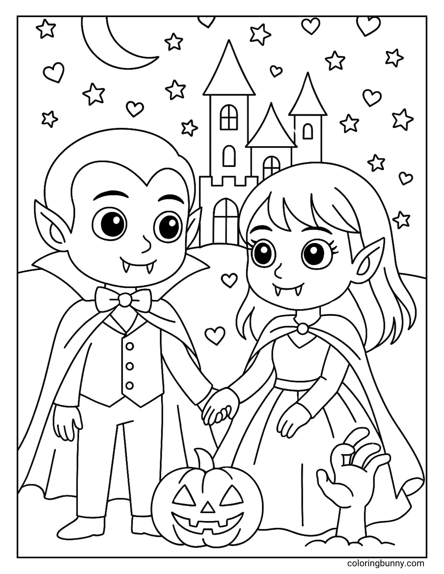 A romantic Halloween coloring sheet featuring a cute vampire couple holding hands. They are standing in front of their spooky castle at night, with a jack-o'-lantern and a zombie hand at their feet. The sky is filled with stars, hearts, and a crescent moon.
