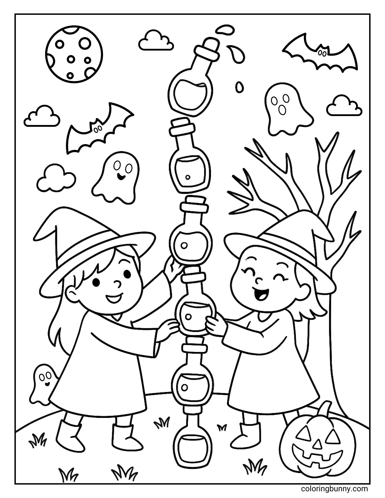 A playful Halloween coloring page of two young witches working together to stack potion bottles into a tall, wobbly tower. Friendly ghosts and bats fly around them as they play in a spooky forest at night, with a jack-o'-lantern watching from the ground.
