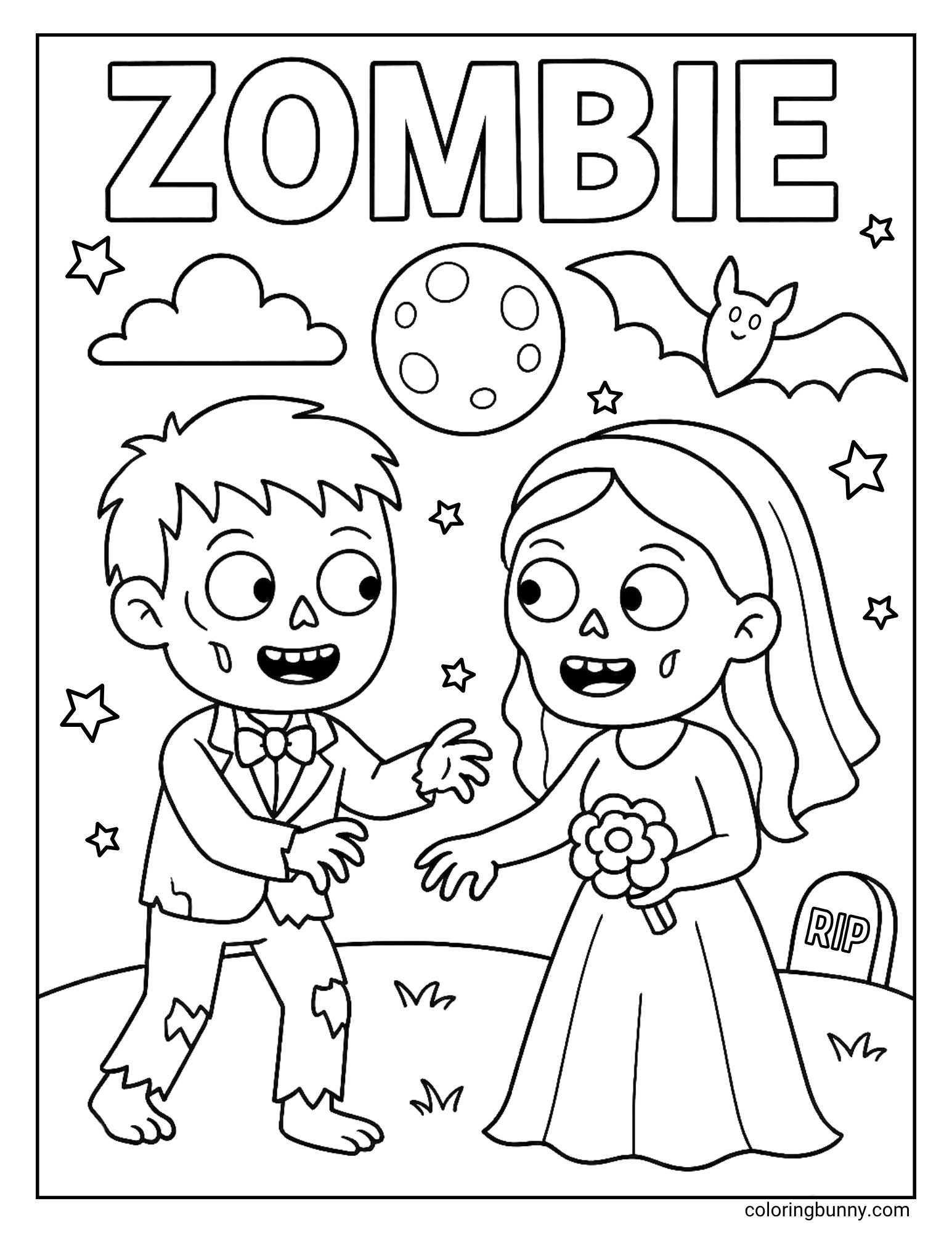 A funny Halloween coloring page of a zombie wedding, with the word 'Zombie' at the top. A zombie groom in a tattered suit and a zombie bride in a gown are posing together in a graveyard at night. The scene includes a tombstone, a flying bat, and a full moon.
