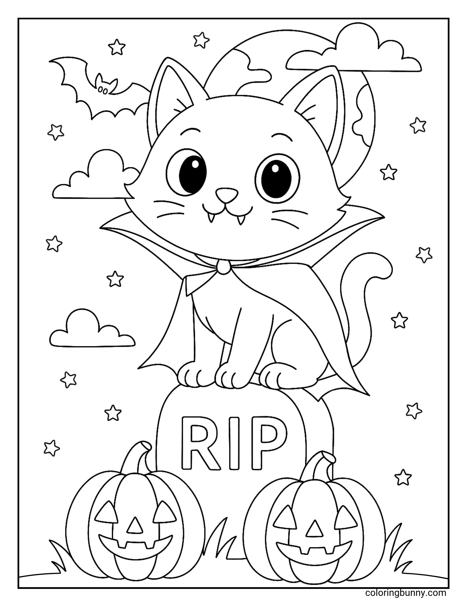 A cat Halloween coloring page of a cat dressed as a vampire, complete with a cape and fangs. The cat is sitting on a tombstone that says "RIP". Two jack-o'-lanterns are on the ground below, with a bat, moon, and stars in the background.