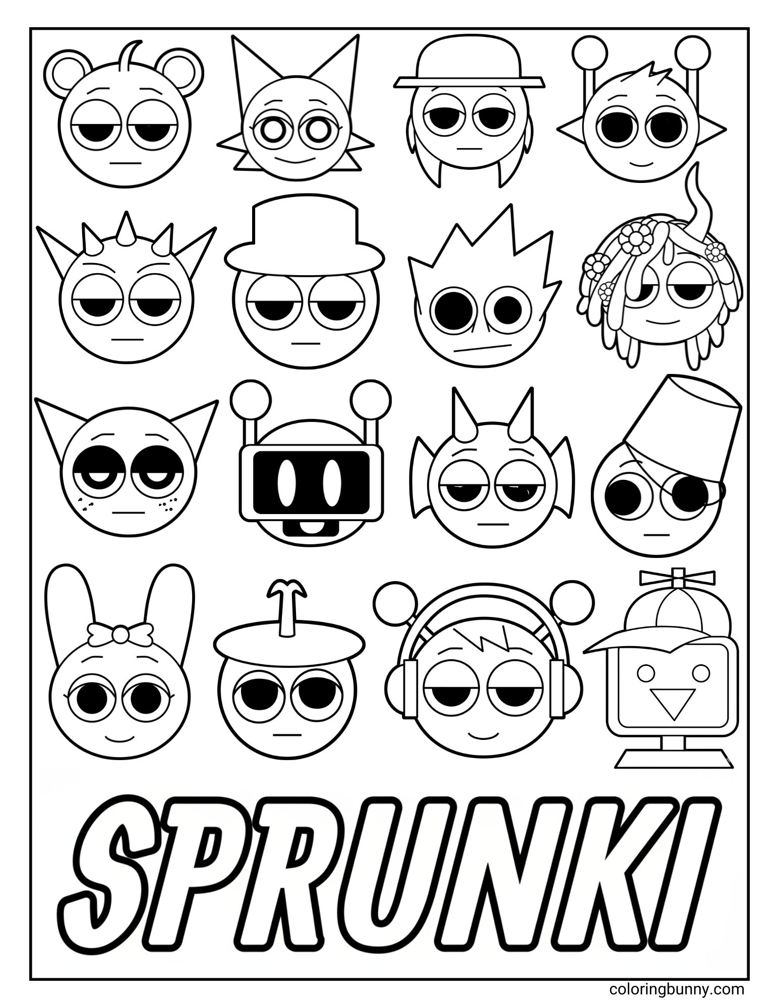 A fun Sprunki coloring page featuring sixteen different characters with unique hairstyles hats and antennae arranged in rows above the word Sprunki.
