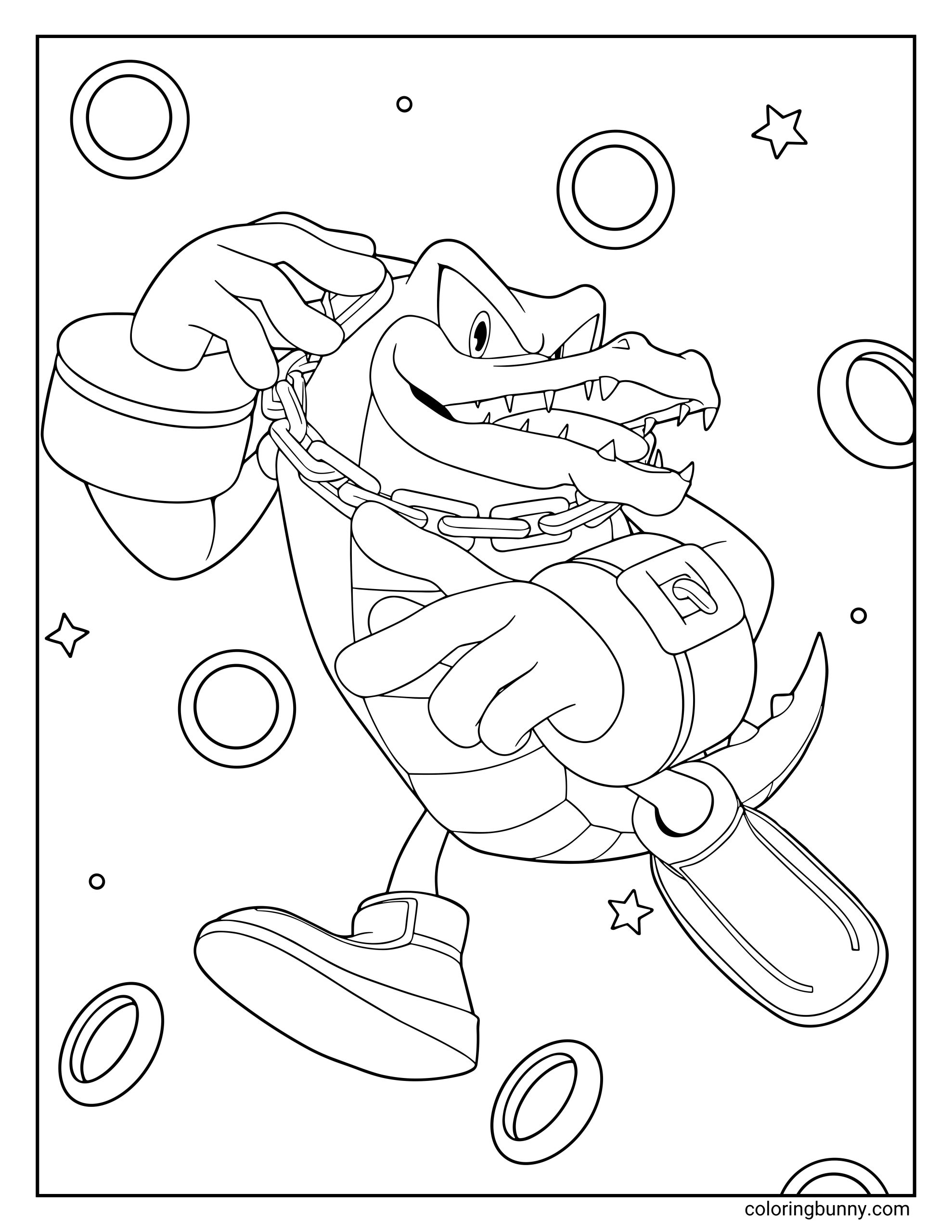 A coloring page of Vector the Crocodile from the Sonic series, striking a cool pose with his gold chain and headphones, surrounded by floating rings and stars.