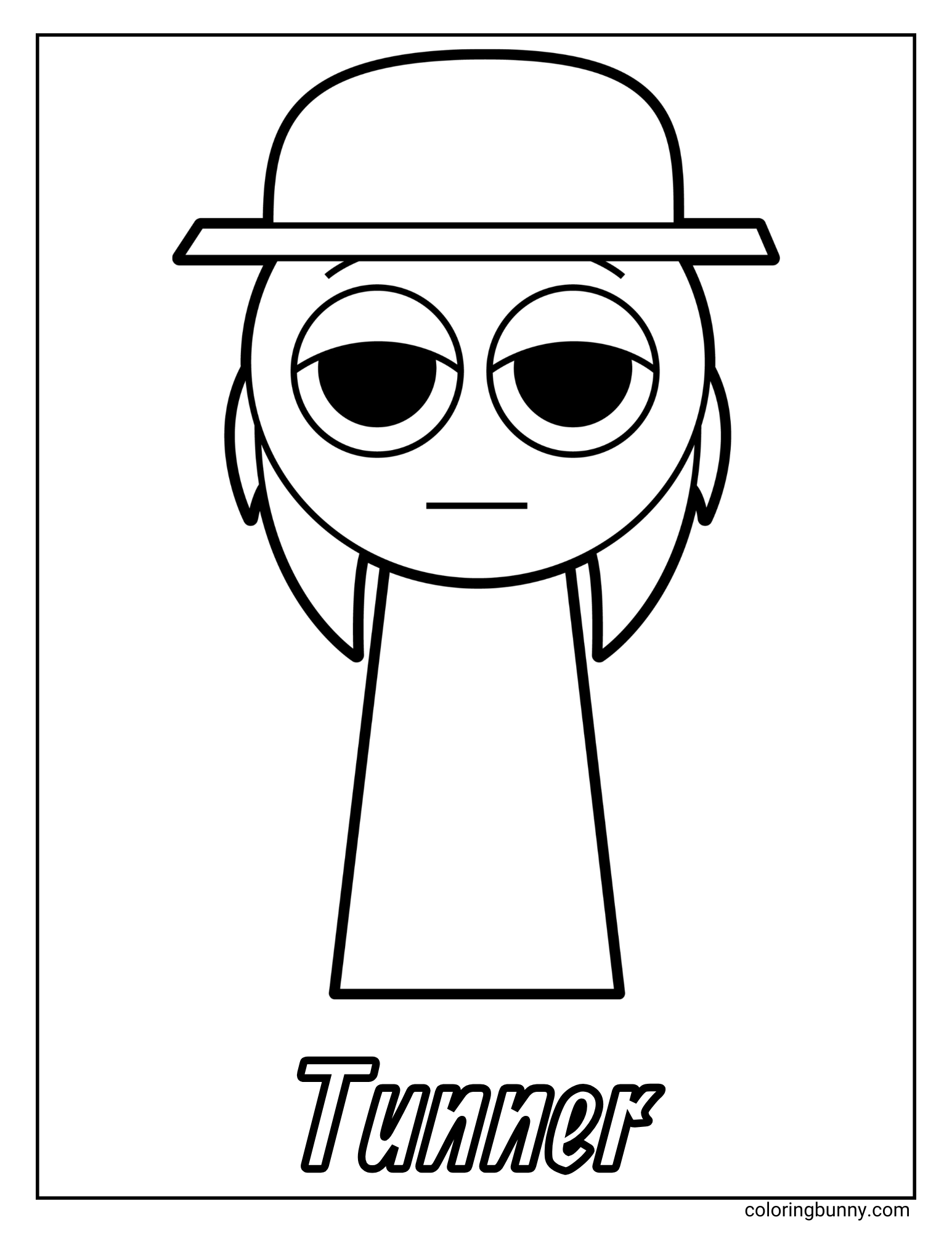 A simple coloring page of the Sprunki character named Tunner. Tunner is a cartoon figure wearing a bowler hat, and he has very large, sad, and droopy eyes. His name is written in large letters at the bottom of the page.