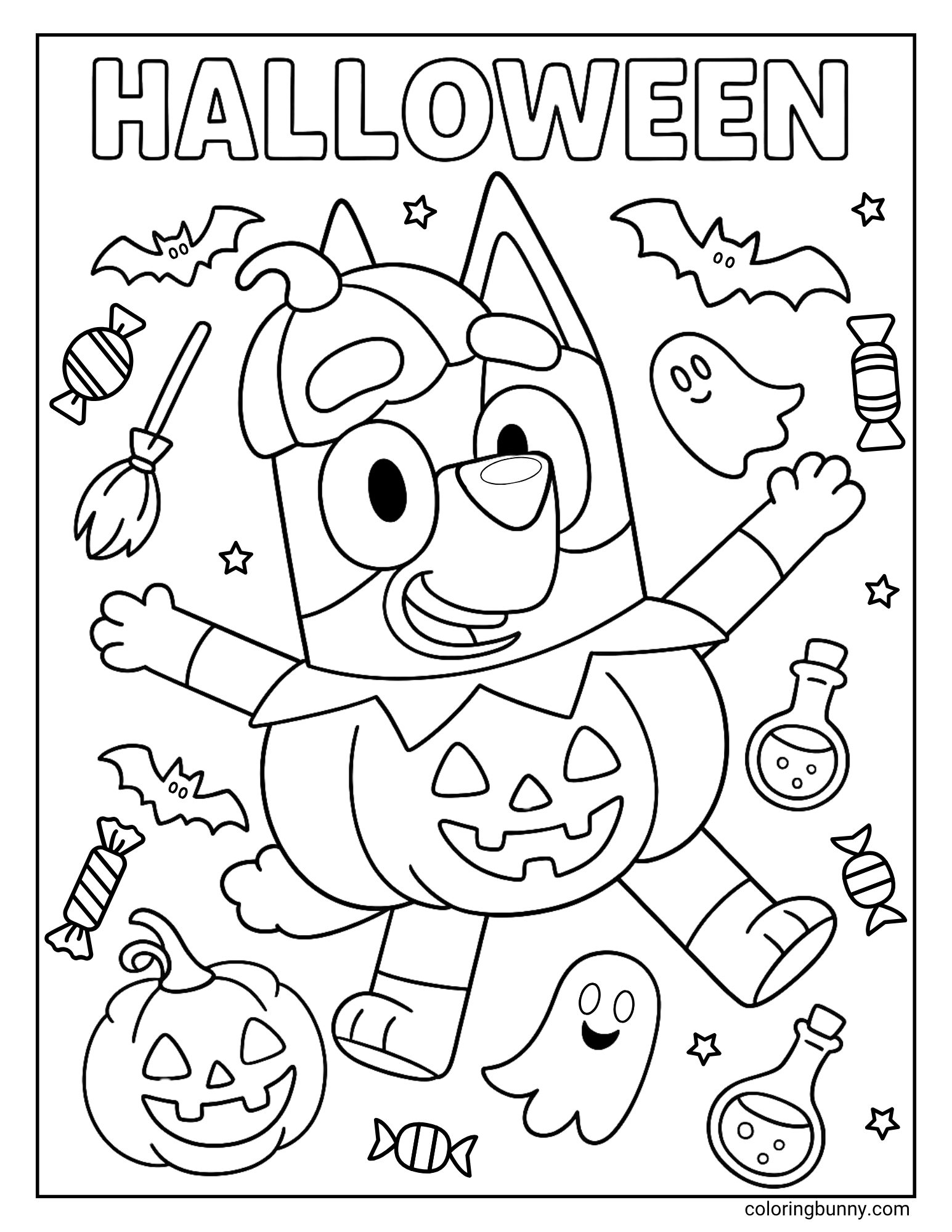 A black and white coloring page of the cartoon dog Bluey with a Halloween theme. She is wearing a funny pumpkin costume with the pumpkin top as a hat and is jumping for joy. The background is a fun collage of ghosts, bats, candy, and potions.