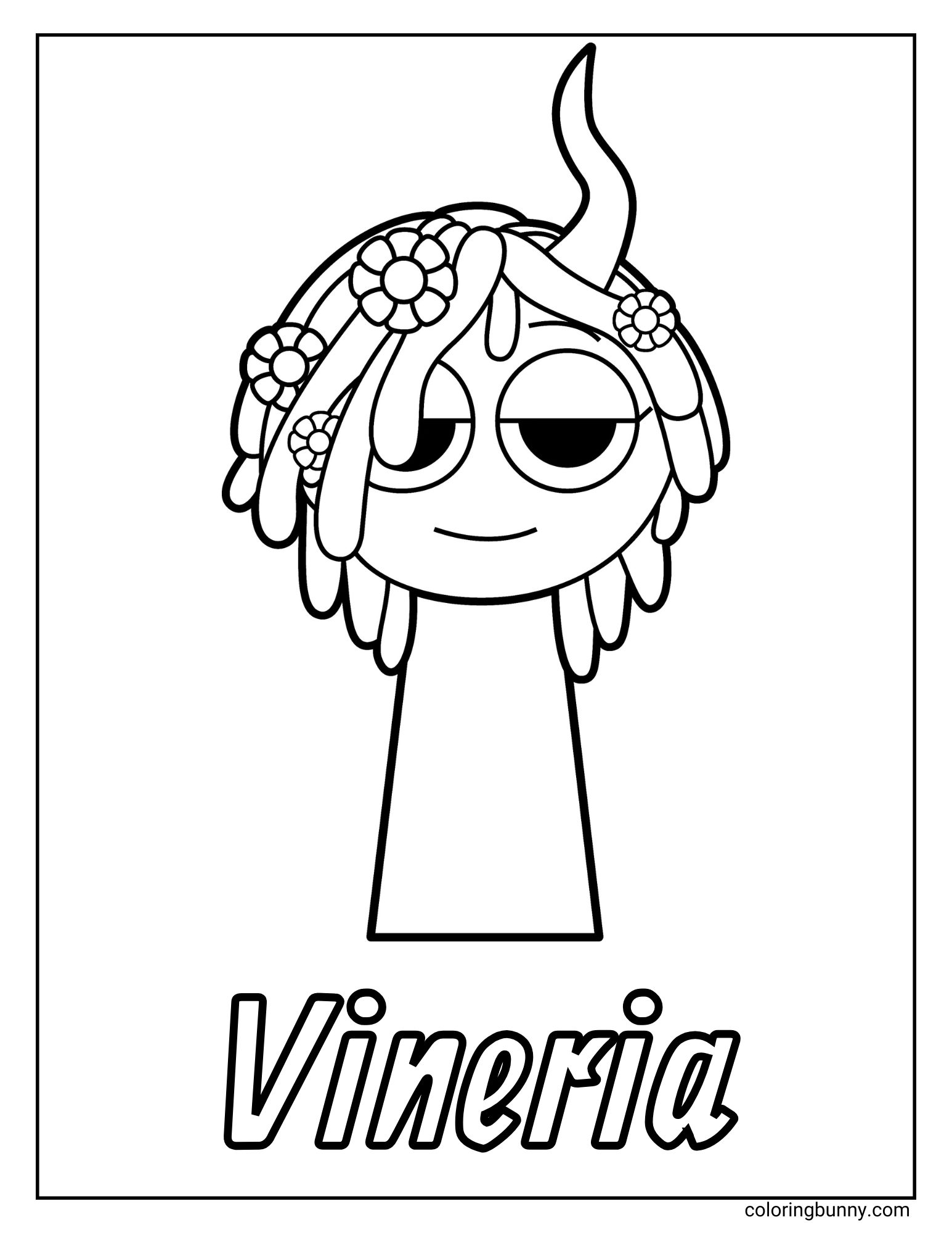 A simple coloring page of the Sprunki character named Vineria. Vineria is a peaceful-looking nature spirit with hair made of vines, which is decorated with several flowers. She has a relaxed, happy expression on her face. Her name is written at the bottom.