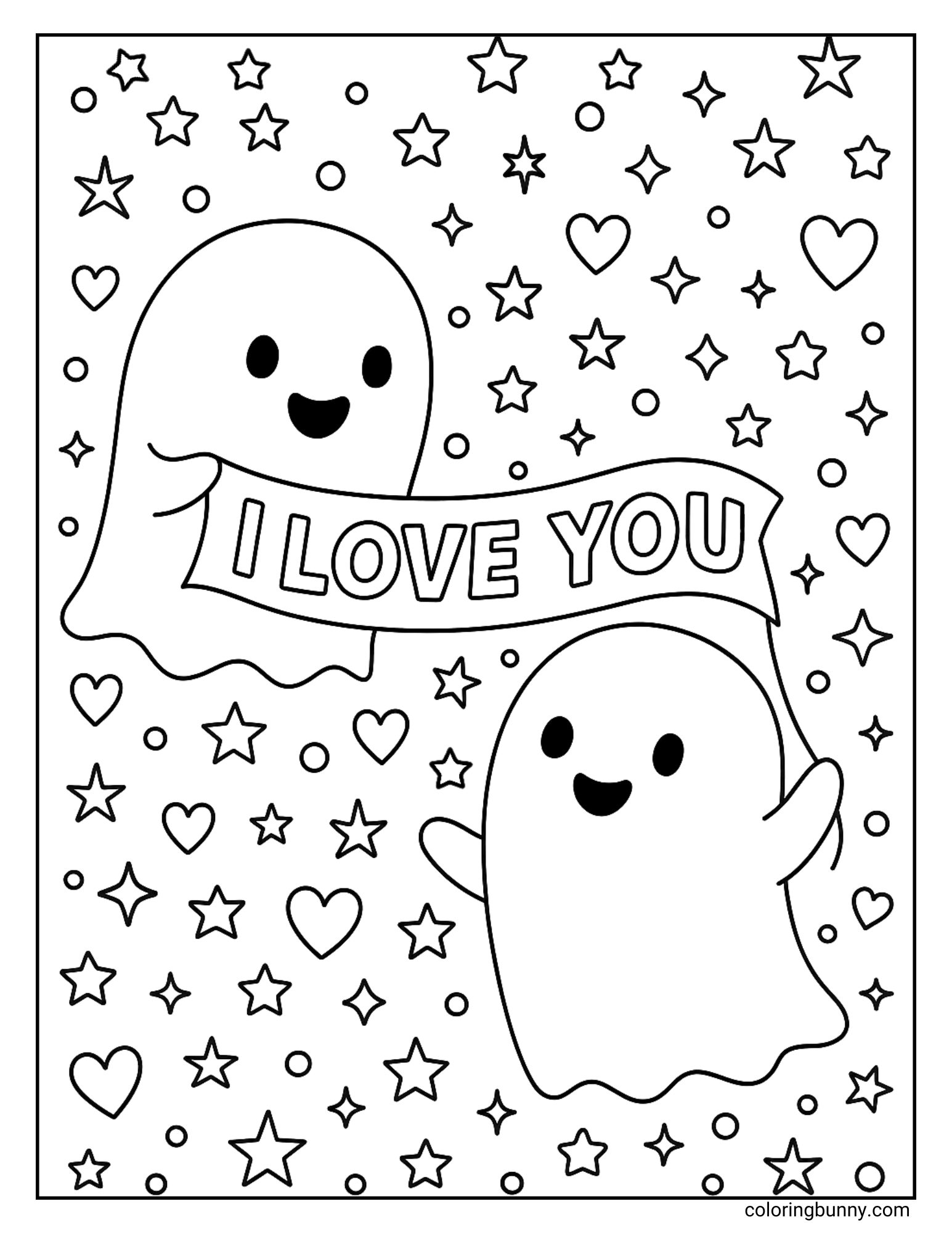 A heartwarming coloring page of two cute ghosts holding a banner that says 'I Love You'. The happy ghosts are floating in a busy sky filled with a pattern of stars, hearts, and confetti, making a cheerful scene.