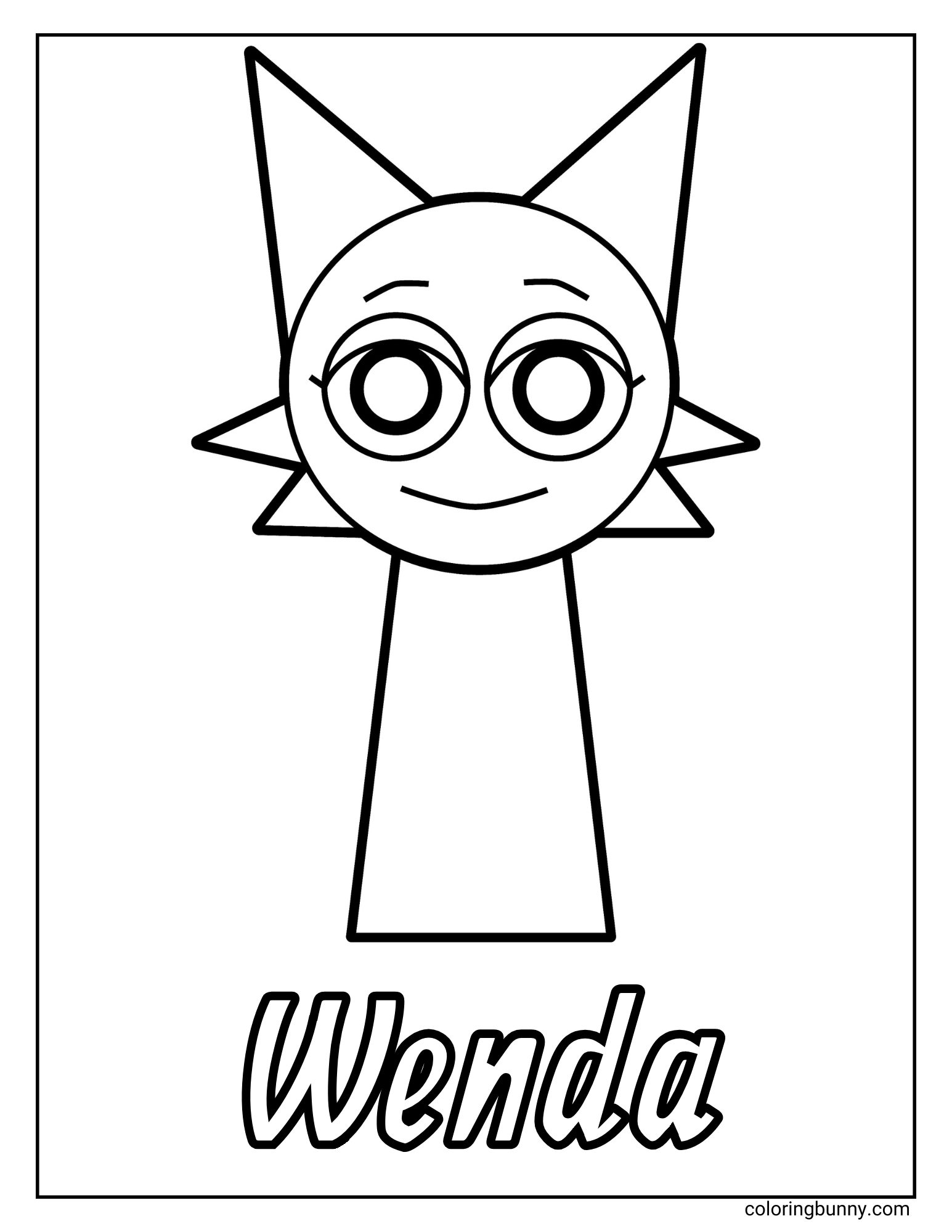 A simple coloring page of the Sprunki character named Wenda. Wenda is a cute, cat-like cartoon figure with large pointed ears, a happy smile, and big, hypnotic-looking concentric circle eyes. Her name is written at the bottom.