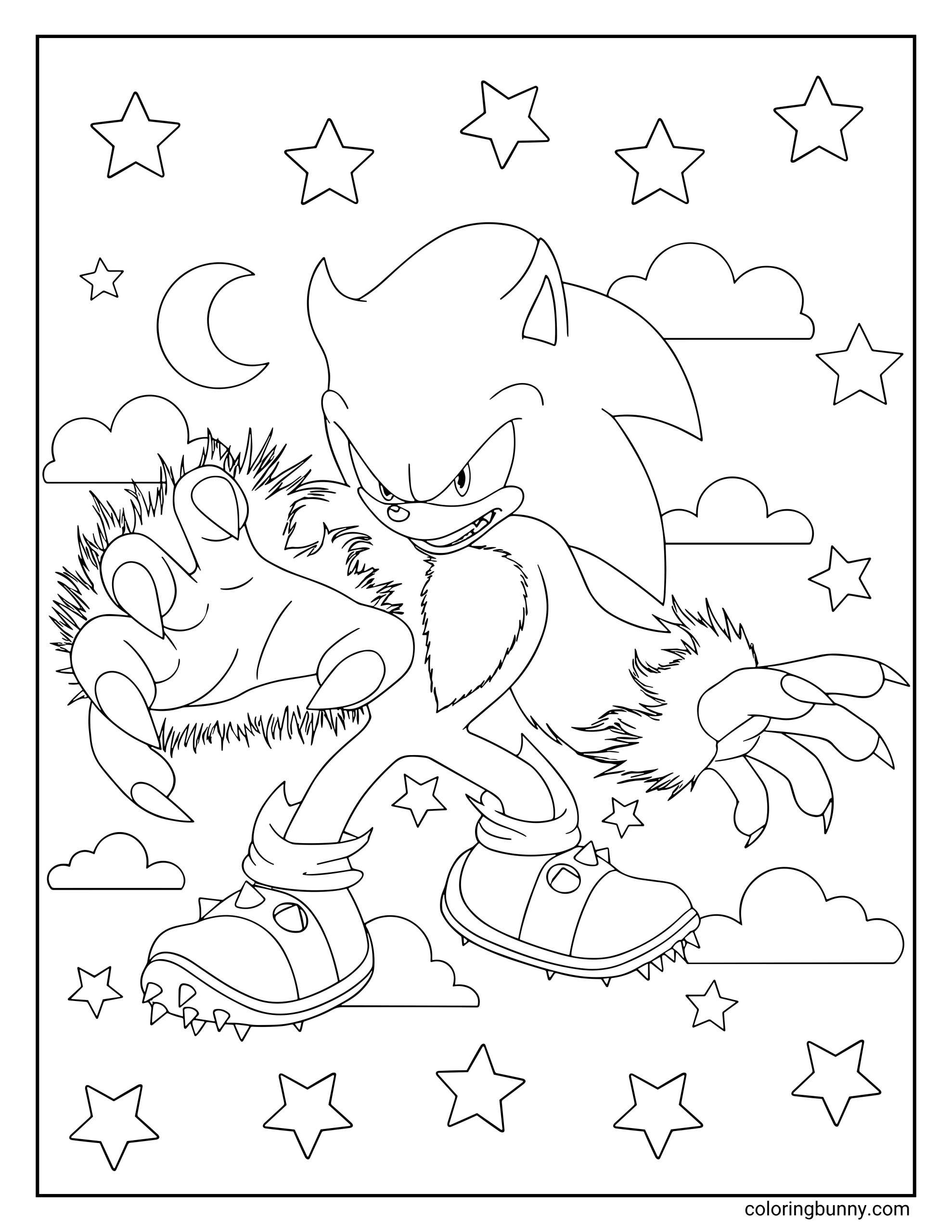 Werehog Sonic coloring page featuring Sonic the Hedgehog in his nighttime transformation from Sonic Unleashed. He’s shown with fur-covered arms, claws, and a fierce expression under a sky filled with stars, clouds, and a crescent moon.