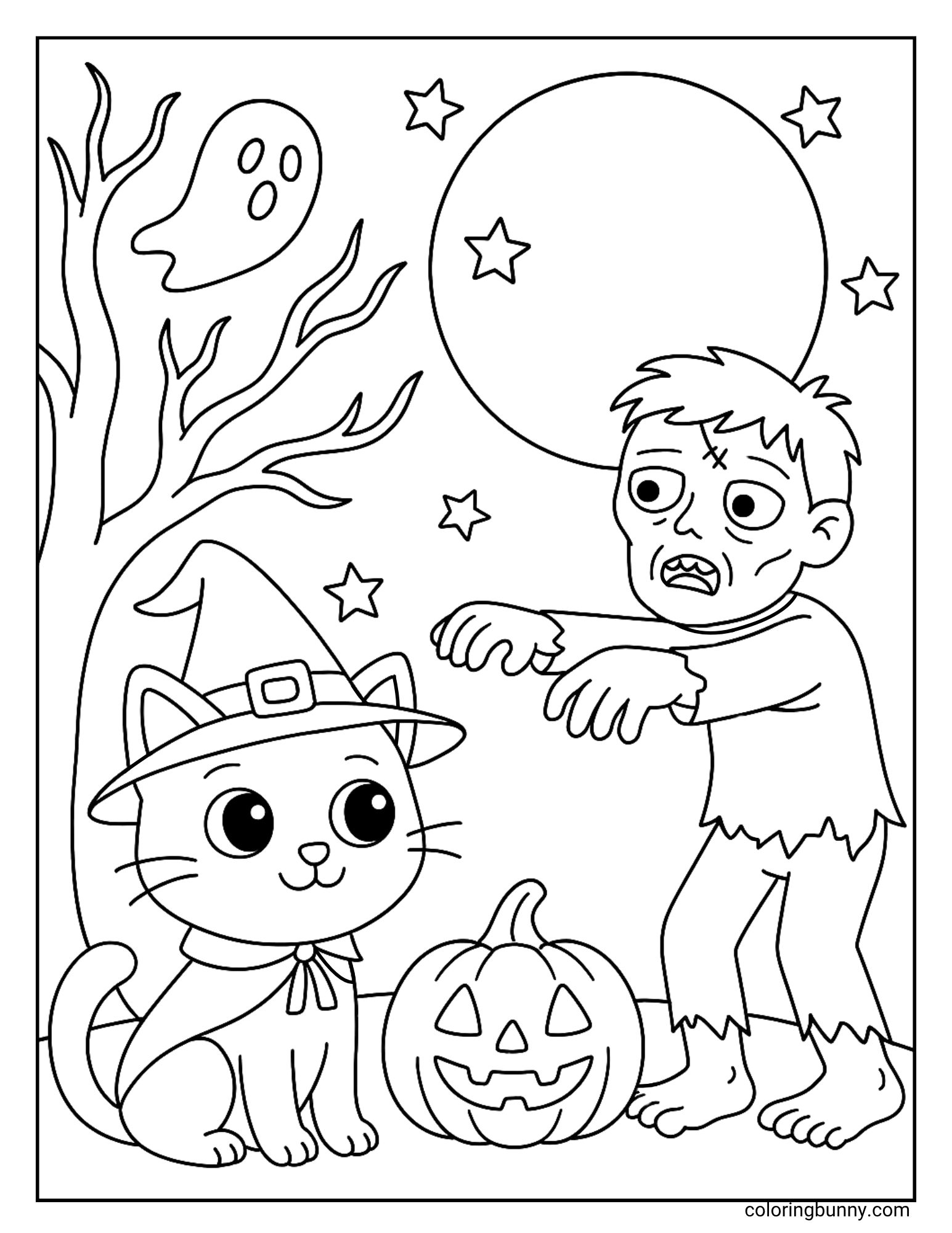 A Halloween coloring page showing a cat in a witch hat and cape sitting next to a jack-o'-lantern. A cartoon zombie with torn clothes stands nearby with its arms out. The background contains a bare tree, a ghost, and a full moon with stars.