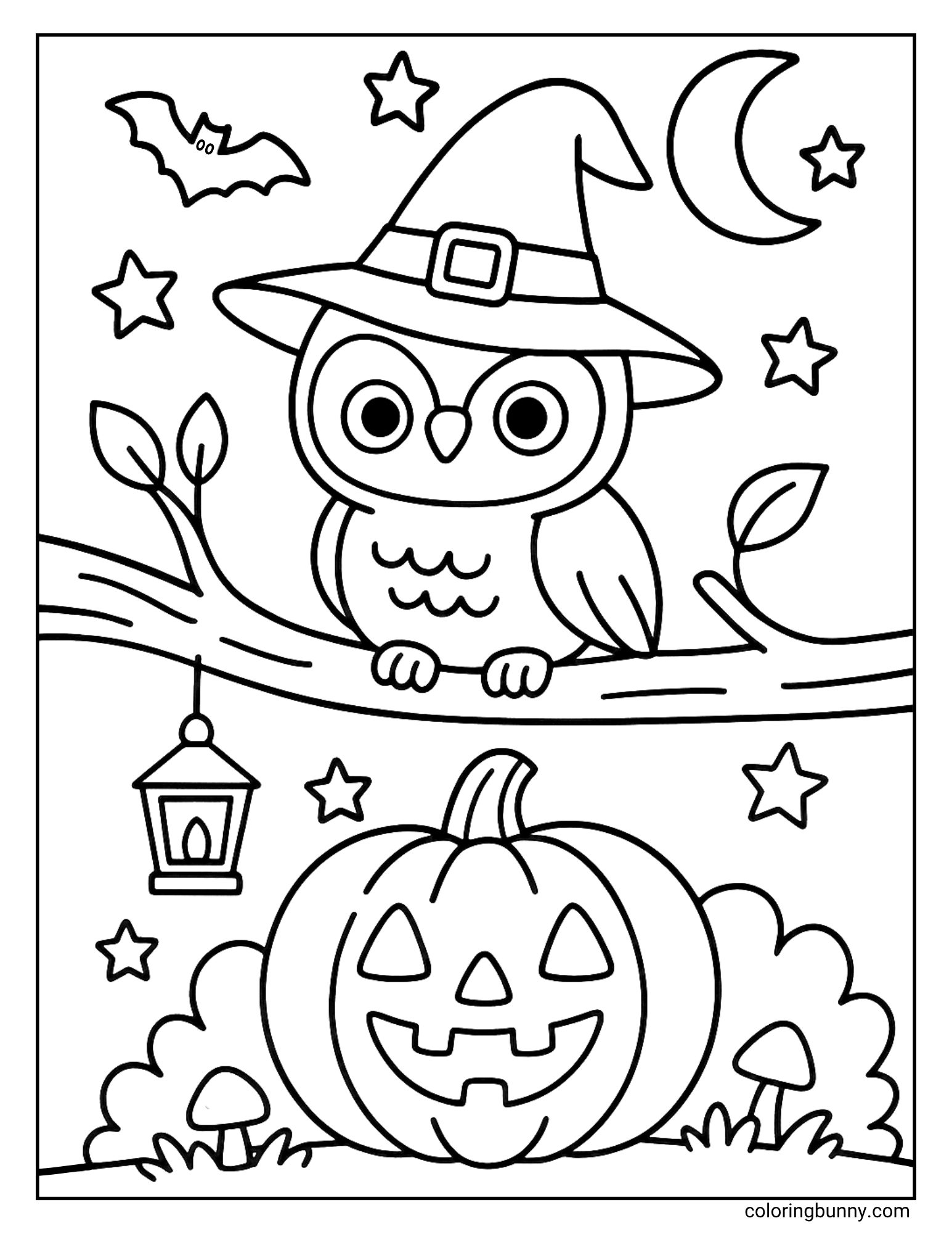 Black and white owl and Jack O Lantern coloring page of a cute owl wearing a witch's hat. The owl is perched on a tree branch at night, just above a large, smiling jack-o'-lantern. A lantern hangs from the branch, and a bat flies in the starry Haloween sky.