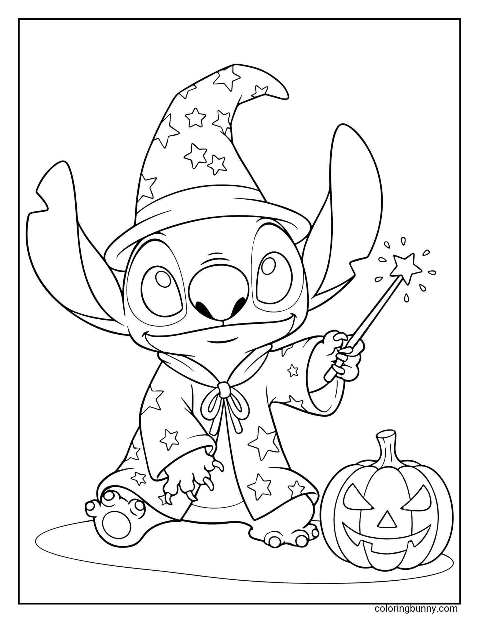 A magical Halloween coloring page of the Disney character Stitch dressed as a wizard. He is wearing a starry robe and hat and looking up in wonder at the sparkling magic wand he is holding. A friendly jack-o'-lantern sits next to him.