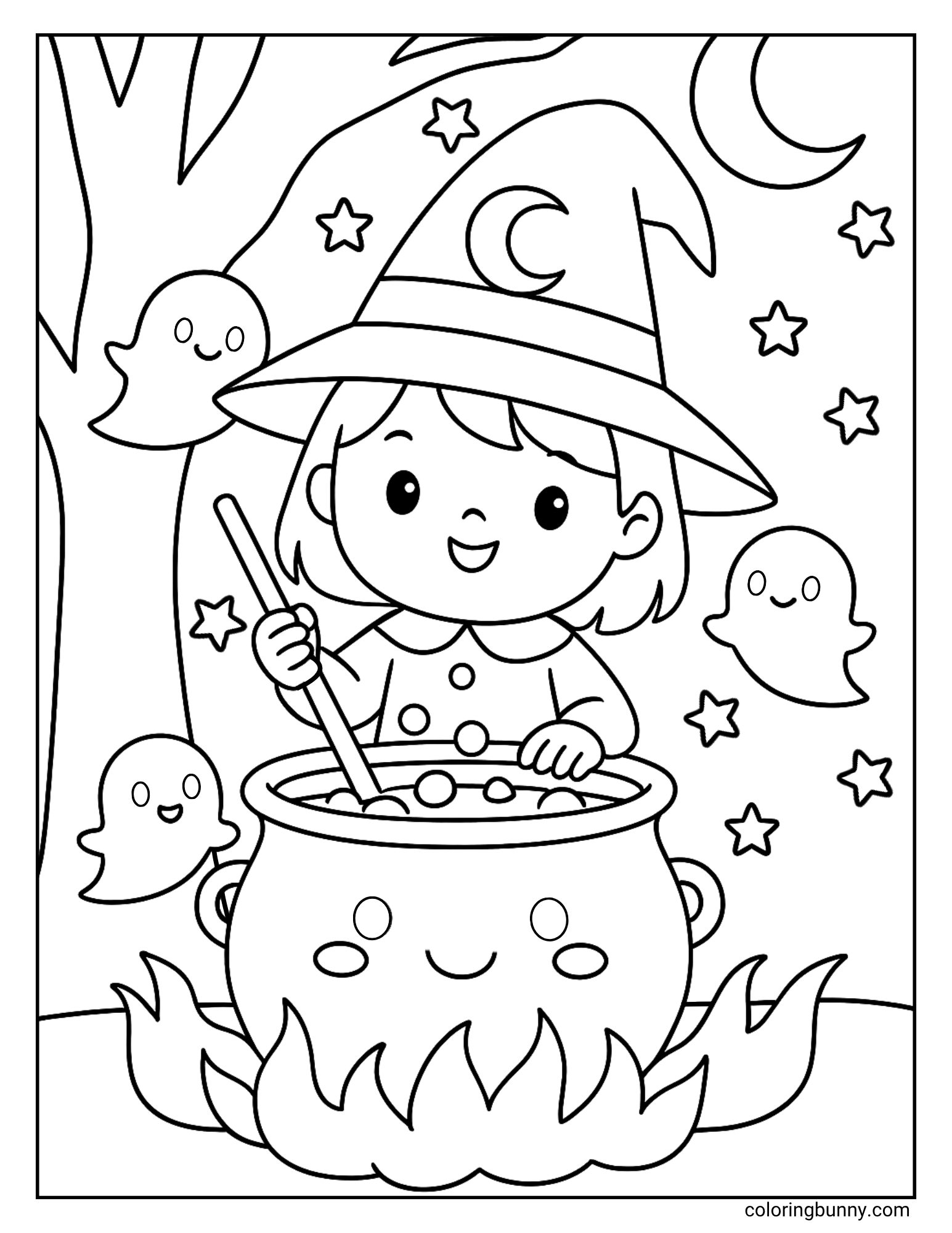 A magical Halloween coloring page of a cute little witch stirring a potion in a smiling cauldron. She is in a forest at night, and three friendly ghosts are floating around her as she works, with a crescent moon and stars in the sky.