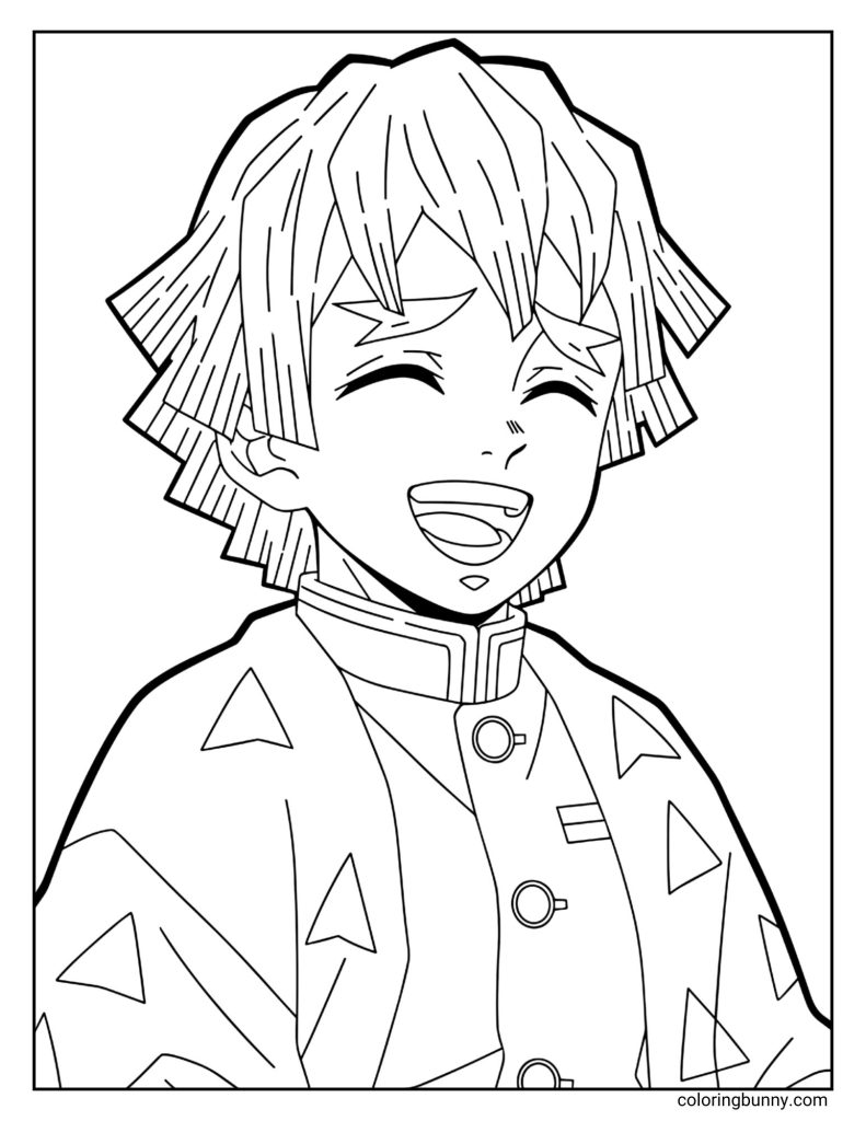 This coloring page illustration showcases Zenitsu Agatsuma from Demon Slayer: Kimetsu no Yaiba with a joyful, laughing expression. He’s dressed in his recognizable haori patterned with sharp triangles and the traditional Demon Slayer Corps uniform, offering fans plenty of detail and texture to color.