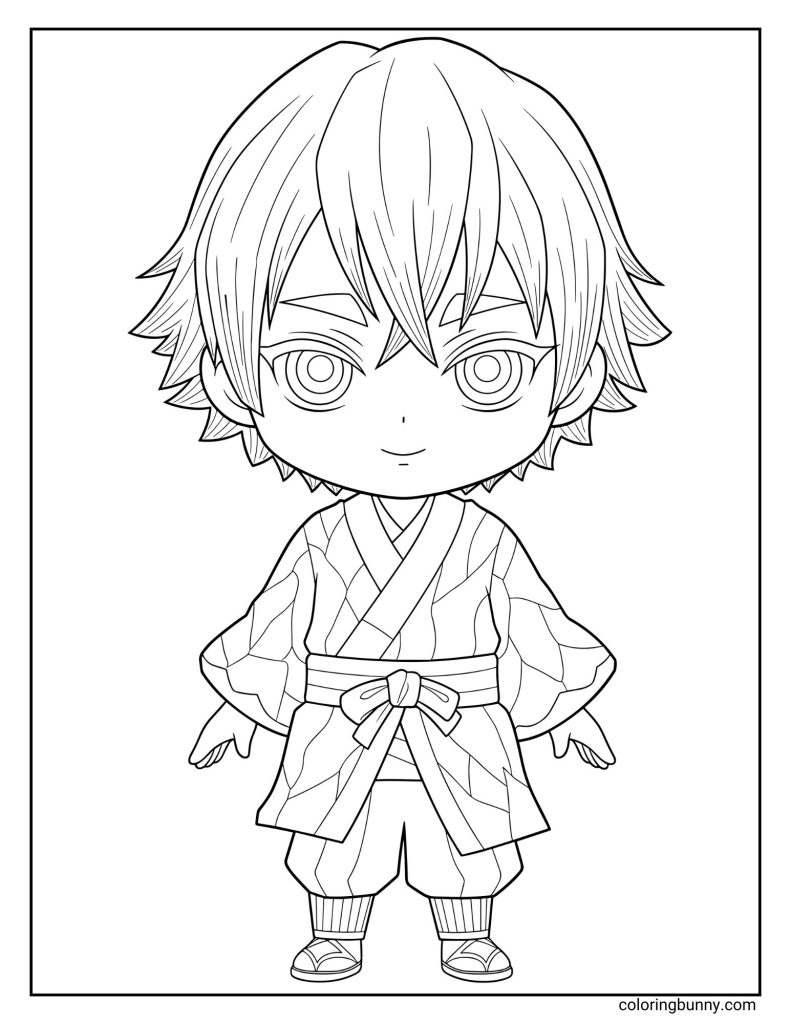 Cute chibi-style coloring page of Zenitsu Agatsuma from Demon Slayer, standing calmly in his kimono with his signature spiky hair and big round eyes, ready for some adorable coloring fun.