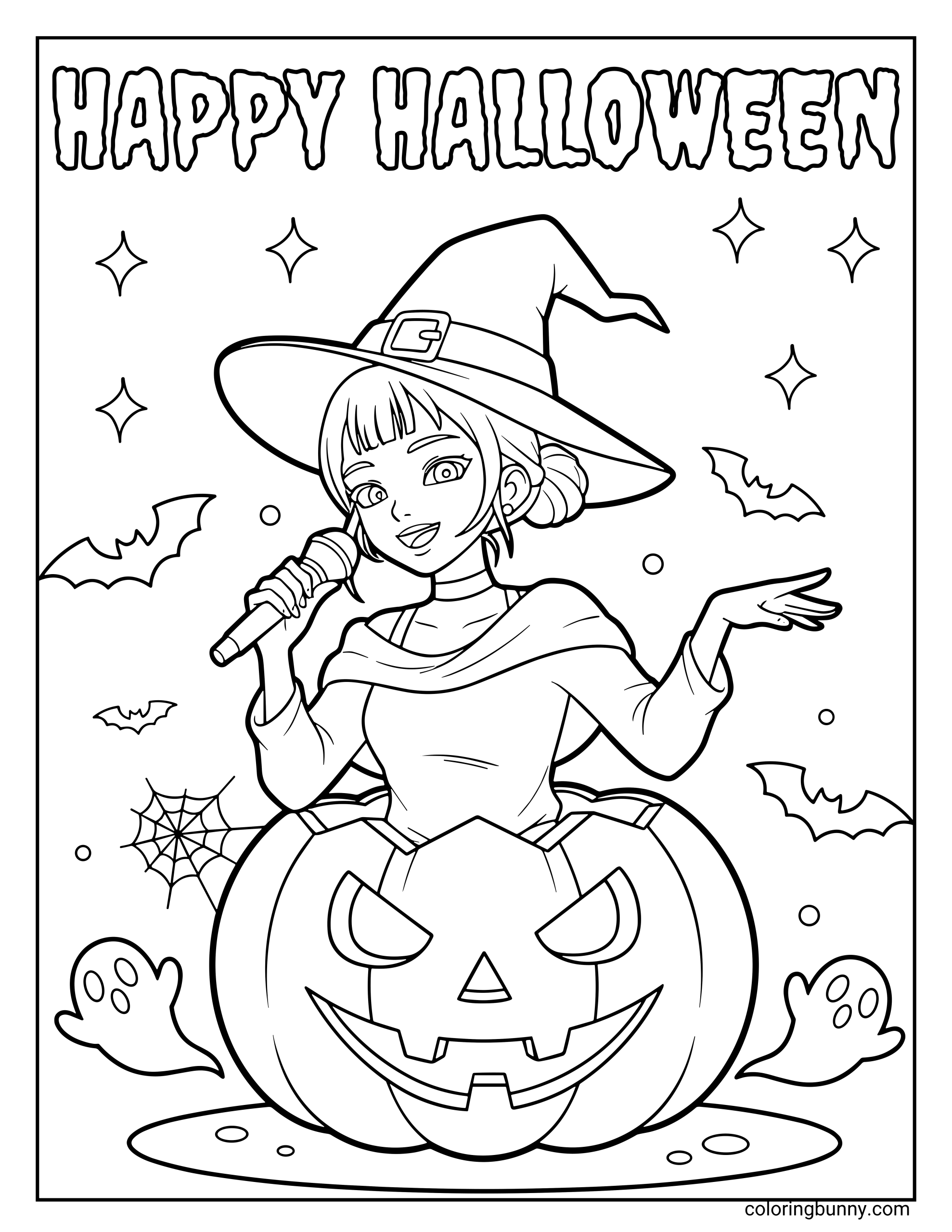 Coloring page of Zoey from KPop: Demon Hunters dressed as a cheerful witch, holding a microphone and sitting inside a carved pumpkin surrounded by bats, ghosts, and stars with “Happy Halloween” at the top.