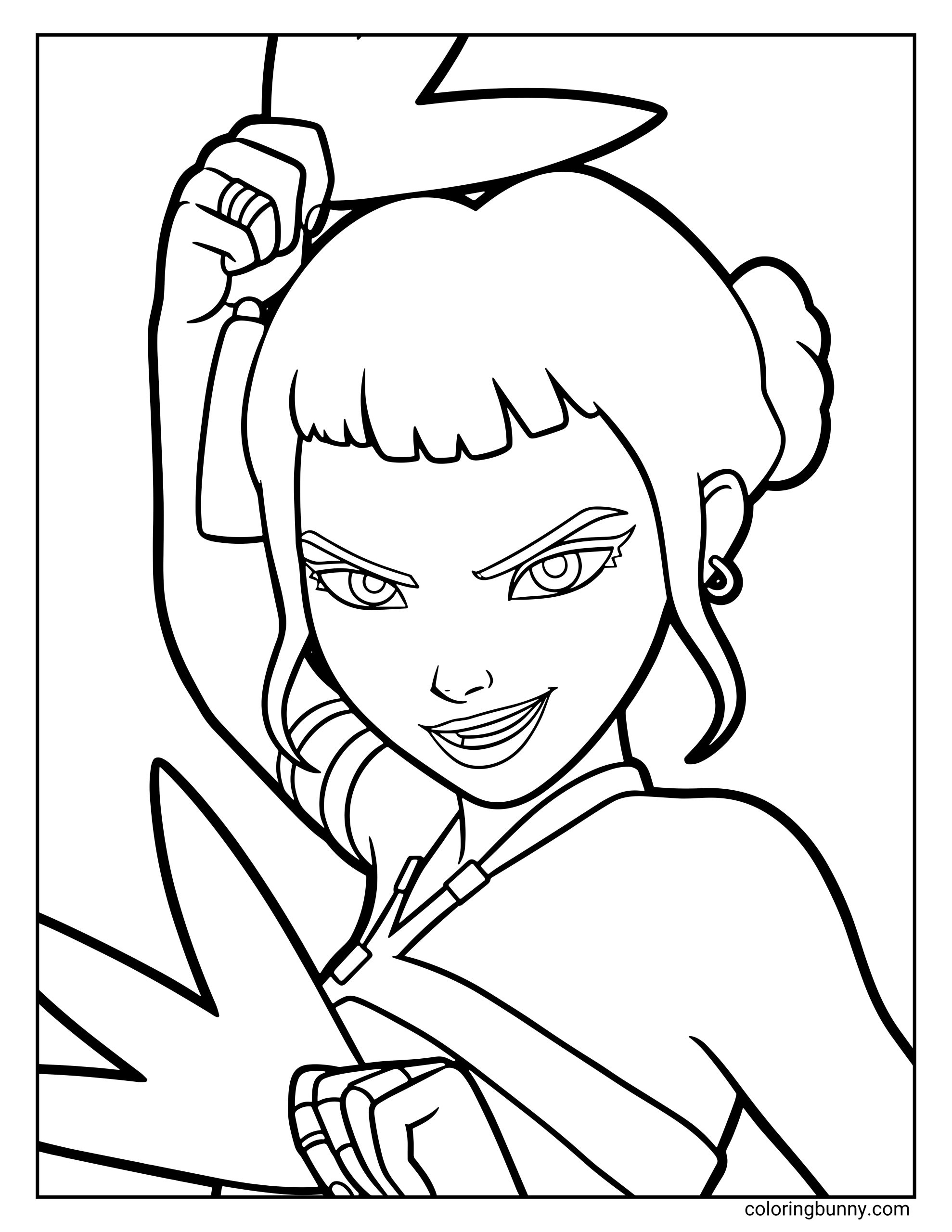 Coloring page of Zoey from KPop: Demon Hunters, holding her dual Shin-Kal in a dynamic pose, with a confident and determined expression on her face.