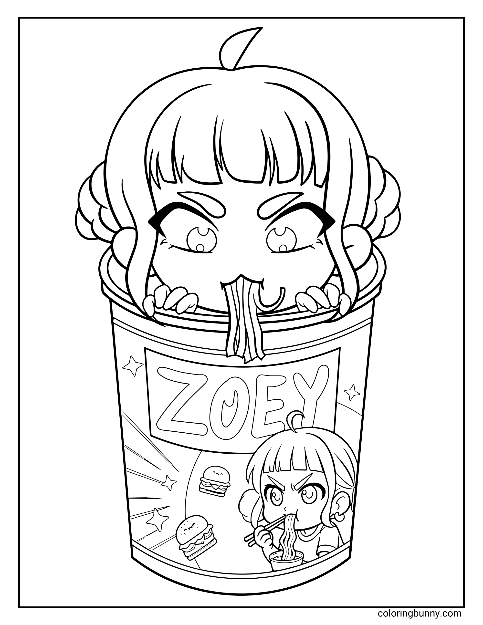 Chibi-style coloring page of Zoey from KPop: Demon Hunters, peeking out of a ramen cup labeled “ZOEY” while slurping noodles, with tiny burger illustrations and a mini Zoey image on the cup.