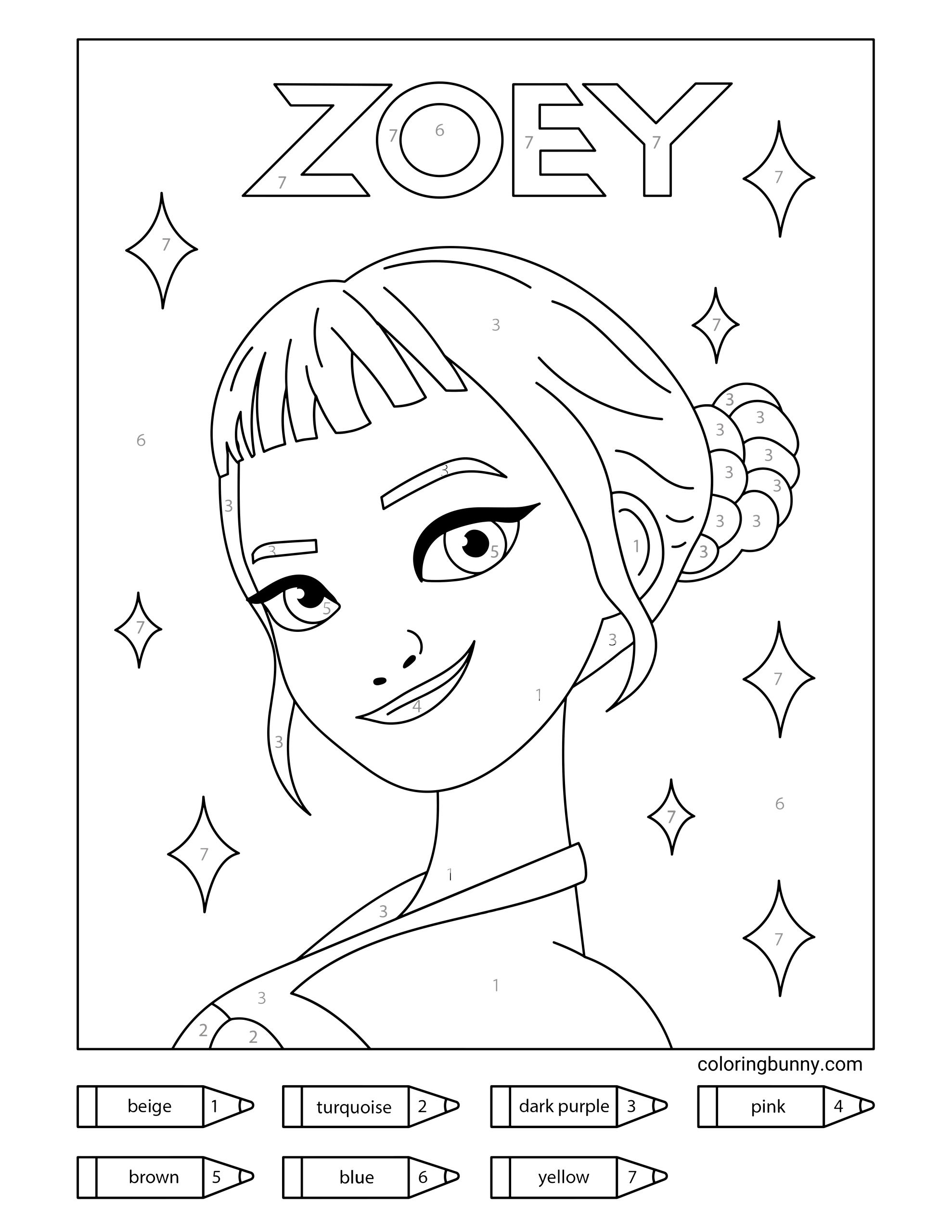 Zoey color-by-number page from KPop Demon Hunters, featuring a confident smile with a braided bun hairstyle, and a starry background. The page includes numbered color sections and a palette guide with shades like turquoise, pink, and yellow.
