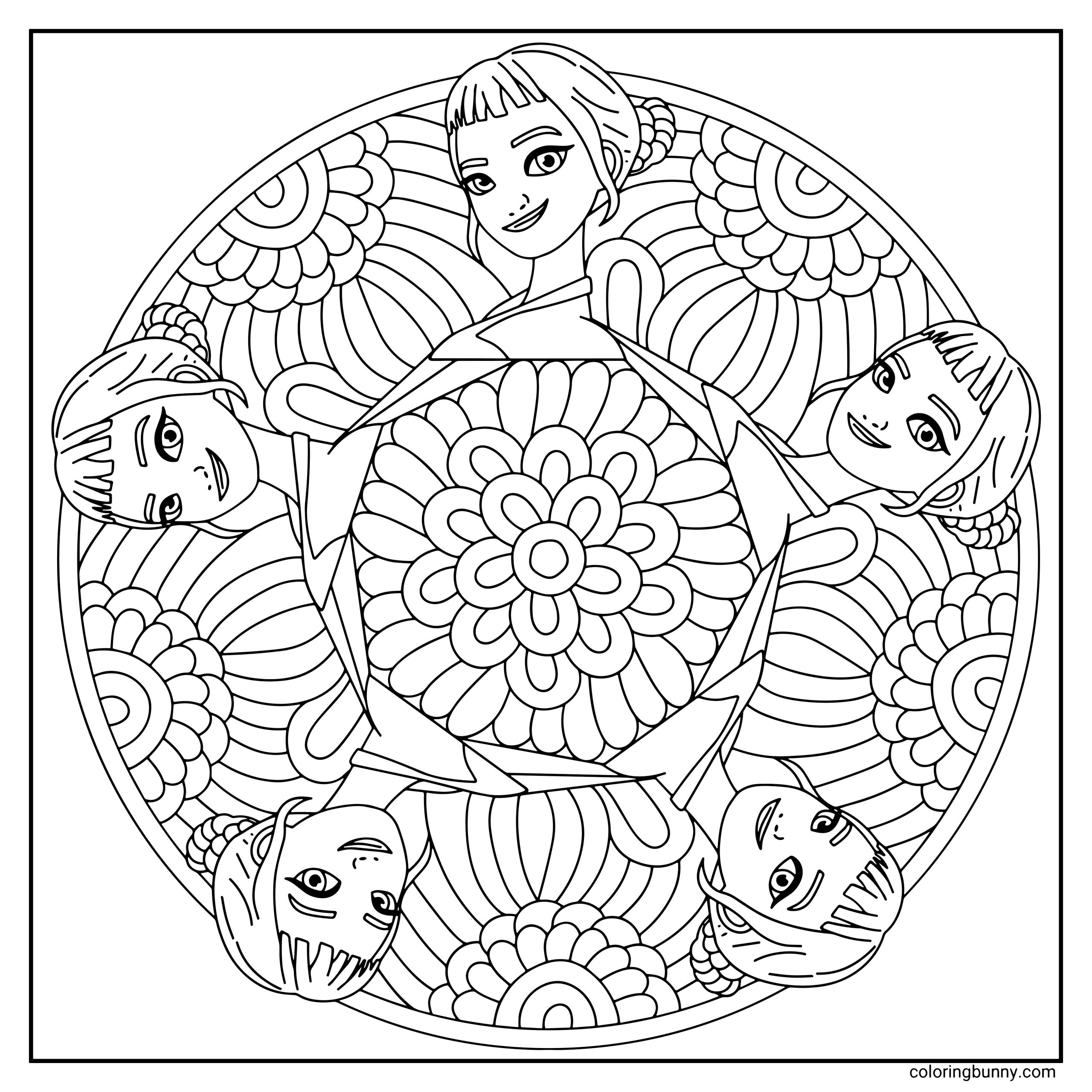 A KPop Demon Hunters mandala coloring page featuring five symmetrical portraits of Zoey. Each portrait is surrounded by intricate braids that blend into floral mandala patterns. The design captures Zoey's playful and energetic expression, set against swirling, flower-like shapes.