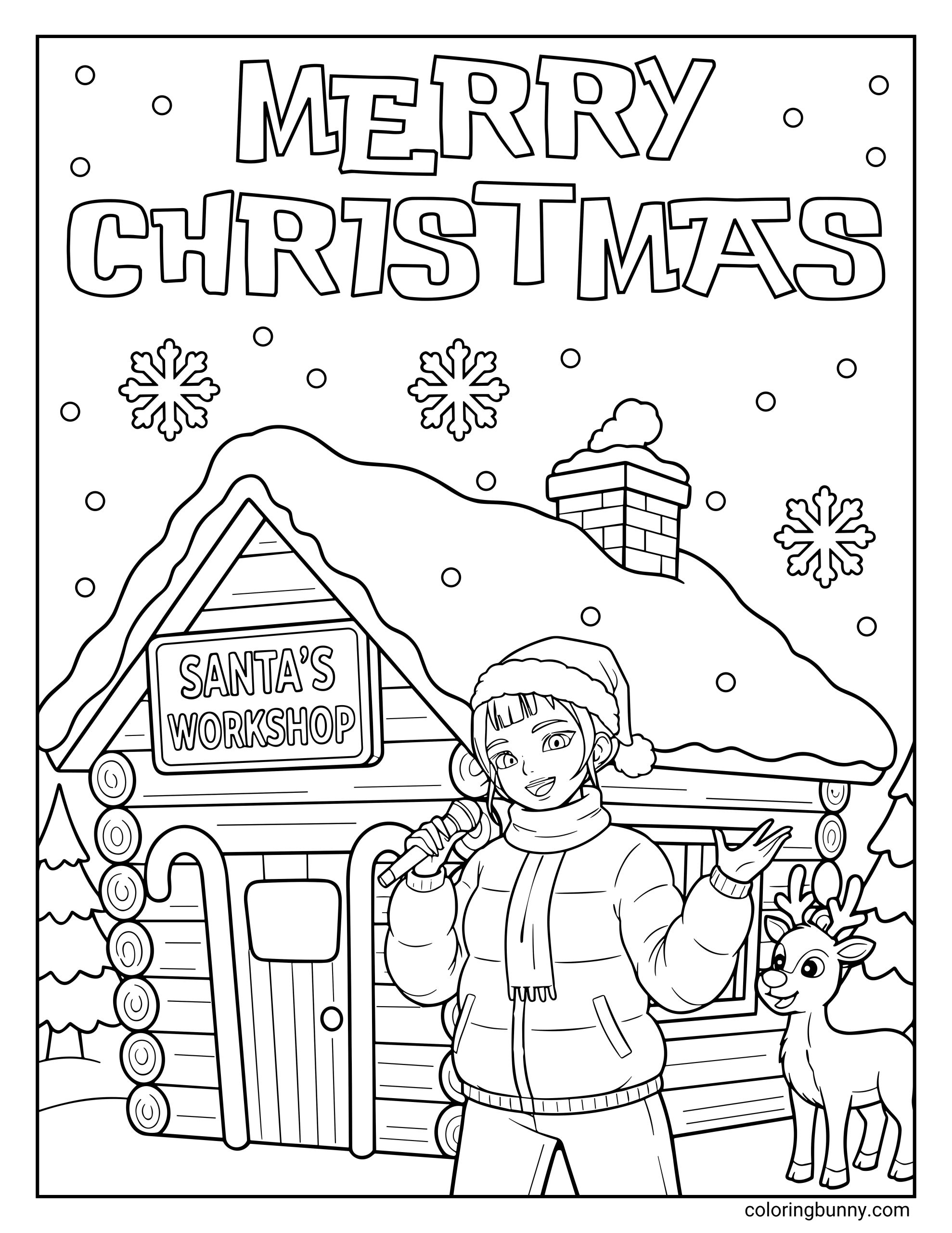 A Christmas coloring page featuring Zoey from KPop Demon Hunters standing outside Santa’s Workshop at the North Pole. She’s wearing a cozy winter jacket, scarf, and Santa hat while holding a microphone, with a cheerful reindeer by her side and snowflakes falling all around.