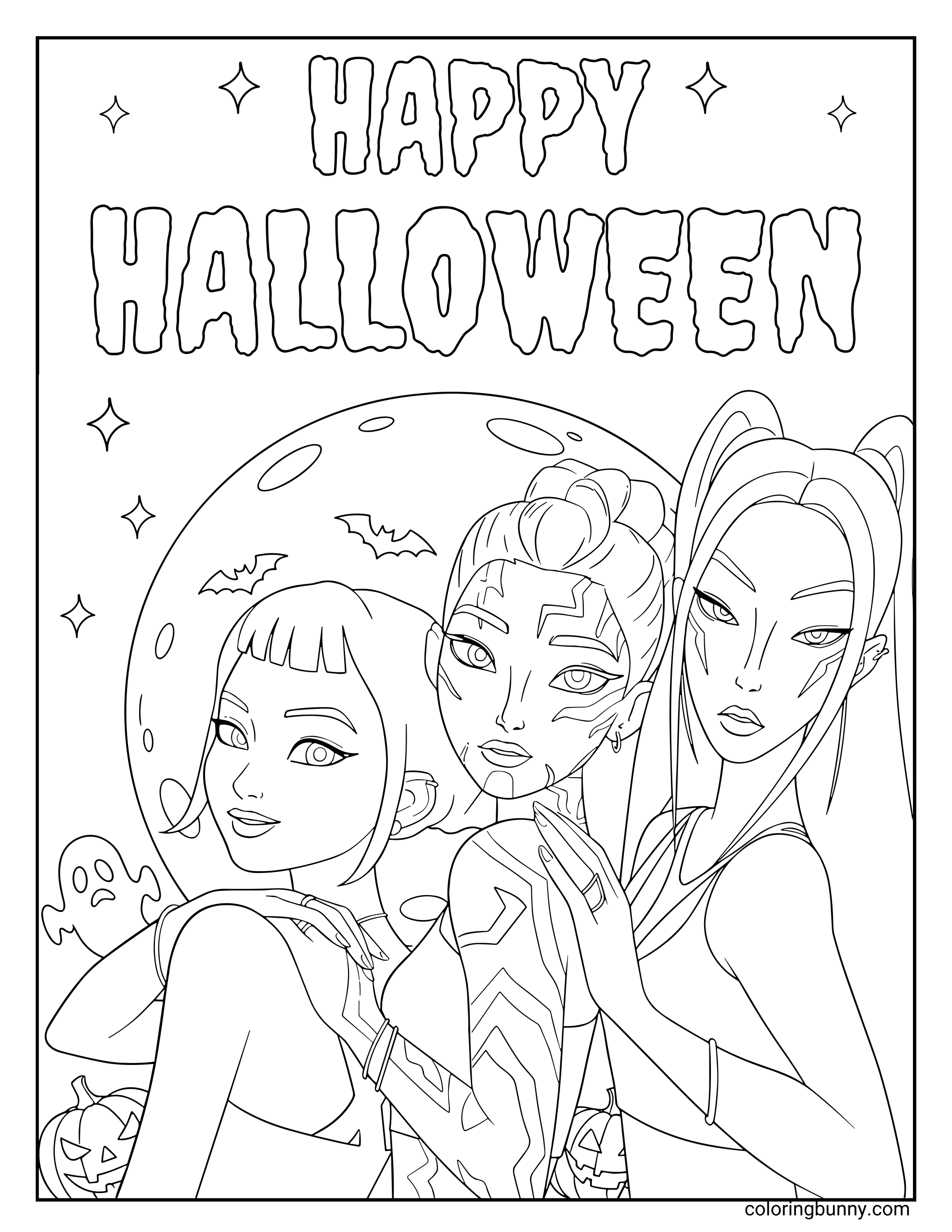 Coloring page of Zoey, Rumi, and Mira from KPop: Demon Hunters ready for Halloween, posing together in front of a full moon with bats, pumpkins, and ghosts, under the words “HAPPY HALLOWEEN.”