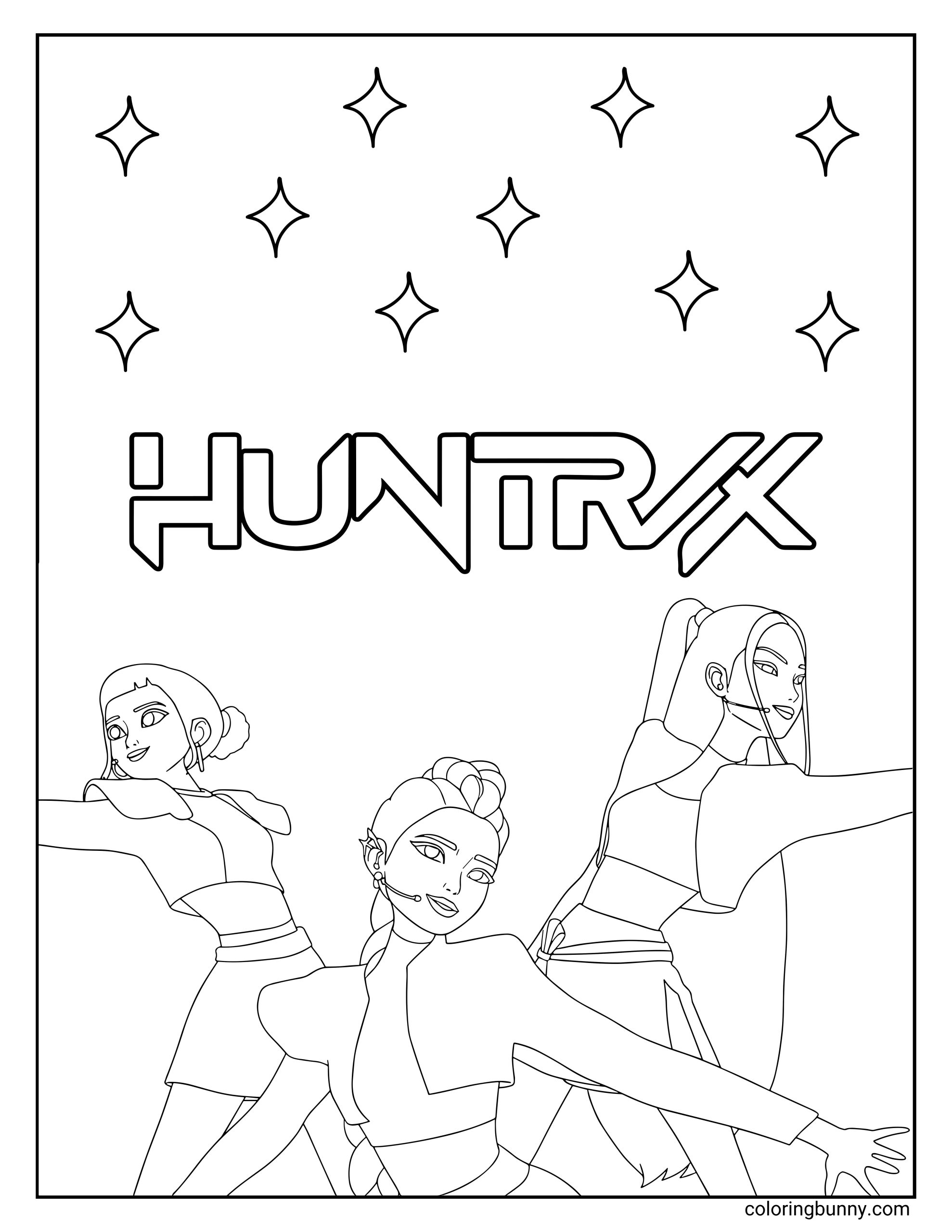 Coloring page featuring Zoey, Rumi, and Mira from KPop: Demon Hunters performing together on stage in stylish outfits, with the title “HUNTR/X” and sparkling stars in the background.