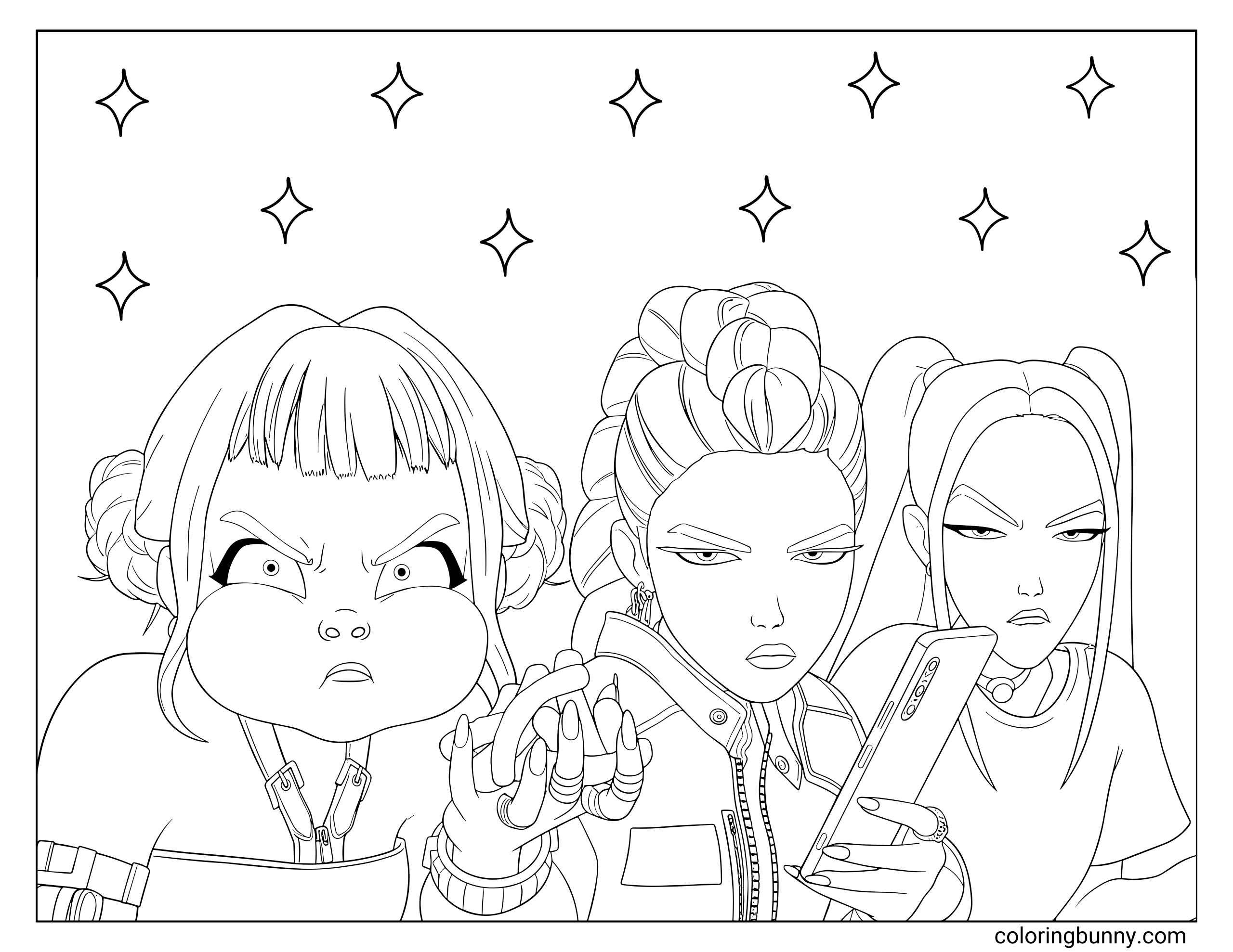 Coloring page of Zoey, Rumi, and Mira from KPop: Demon Hunters looking unimpressed and serious, with Zoey frowning, Rumi holding a phone and Mira looking unimpressed. Sparkles decorate the background.
