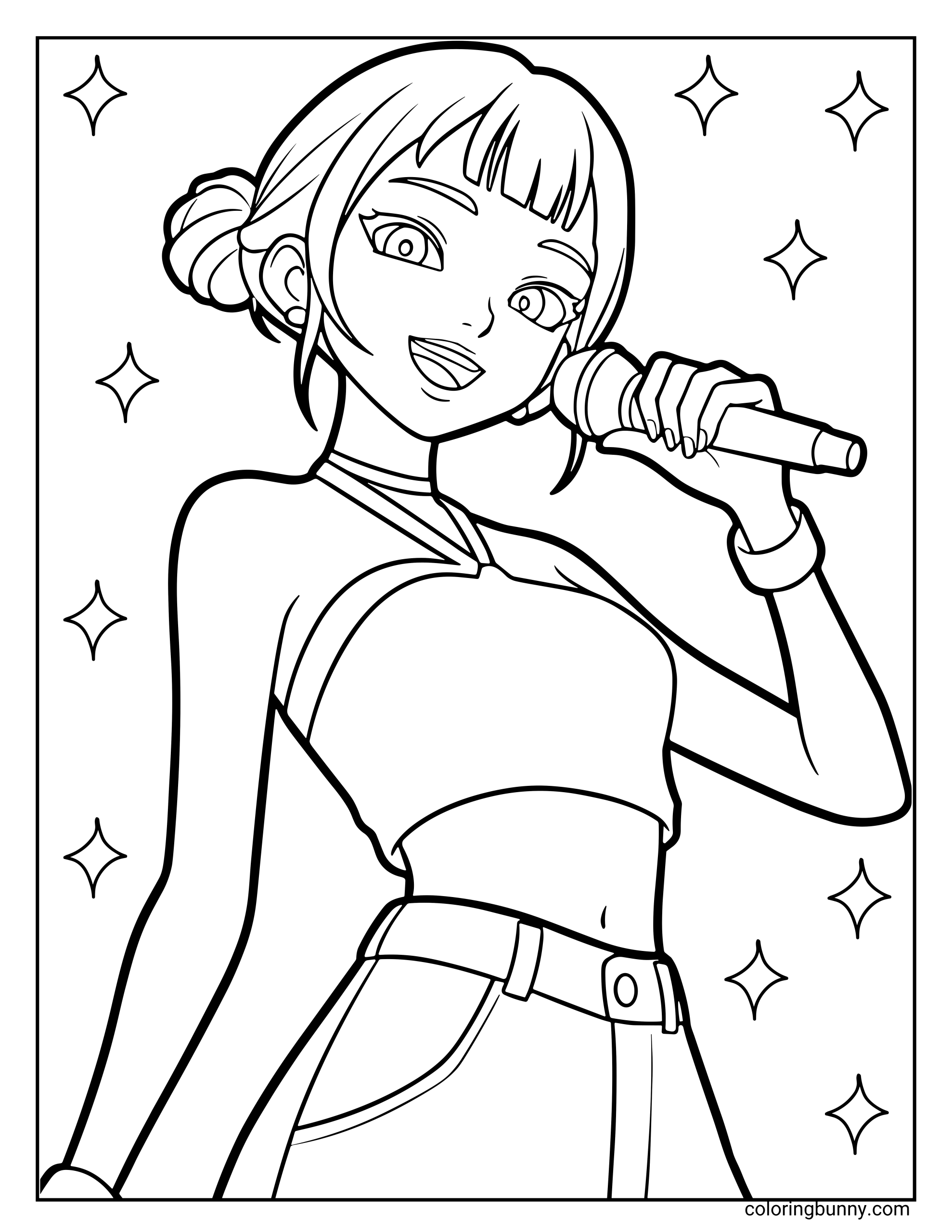Coloring page of Zoey from KPop: Demon Hunters smiling brightly while singing into a microphone, surrounded by sparkly stars in the background.
