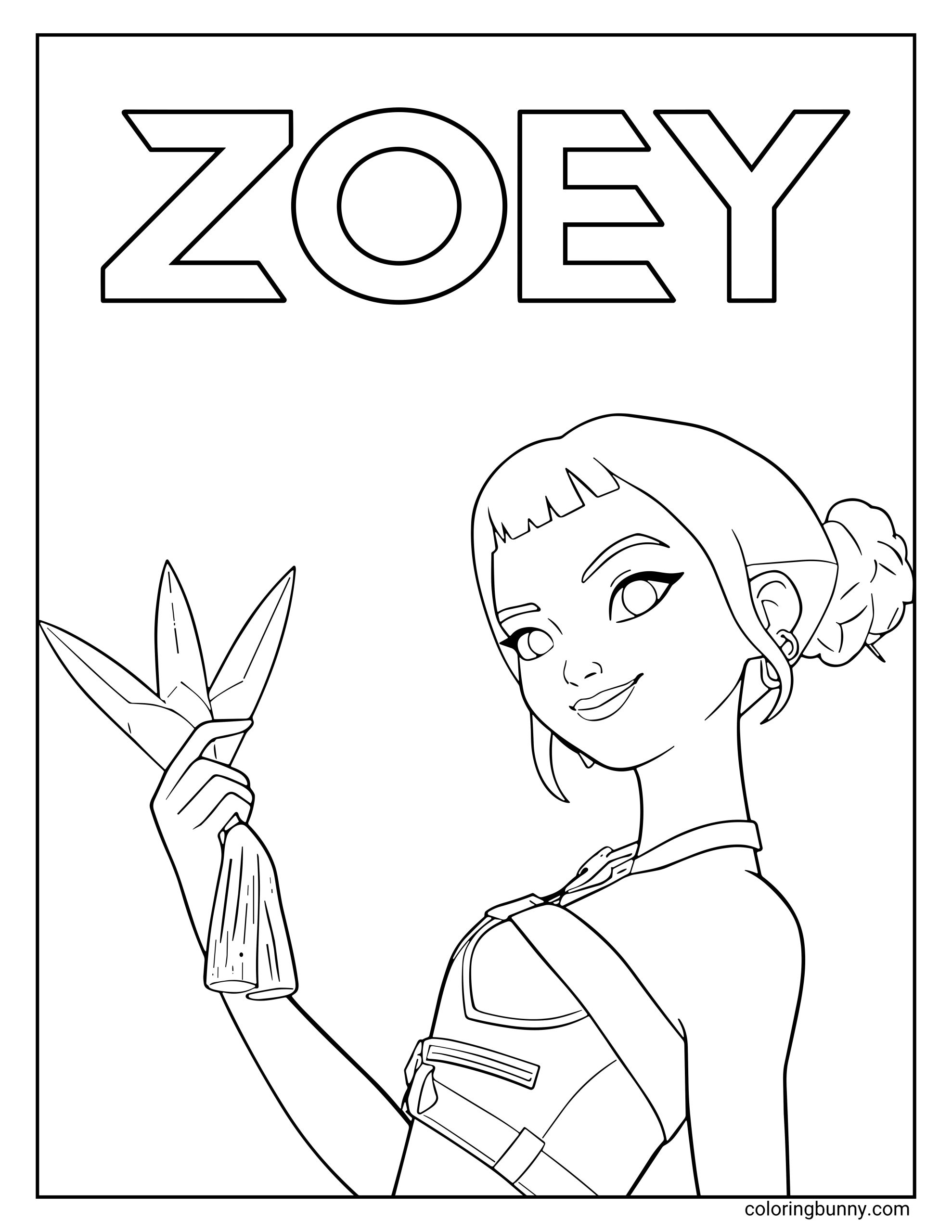Simple coloring page of Zoey from KPop: Demon Hunters, posing confidently with her Shin-Kal, in one hand. The word “ZOEY” appears in large letters at the top for coloring.