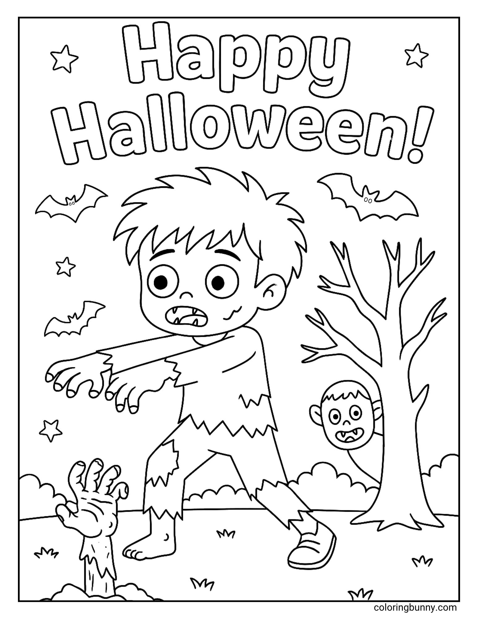 A fun 'Happy Halloween' coloring sheet featuring a cute cartoon zombie in tattered clothes, walking with his arms outstretched. In the scene with him is another monster peeking from behind a spooky tree, a zombie hand coming out of the ground, and bats flying in the starry sky.