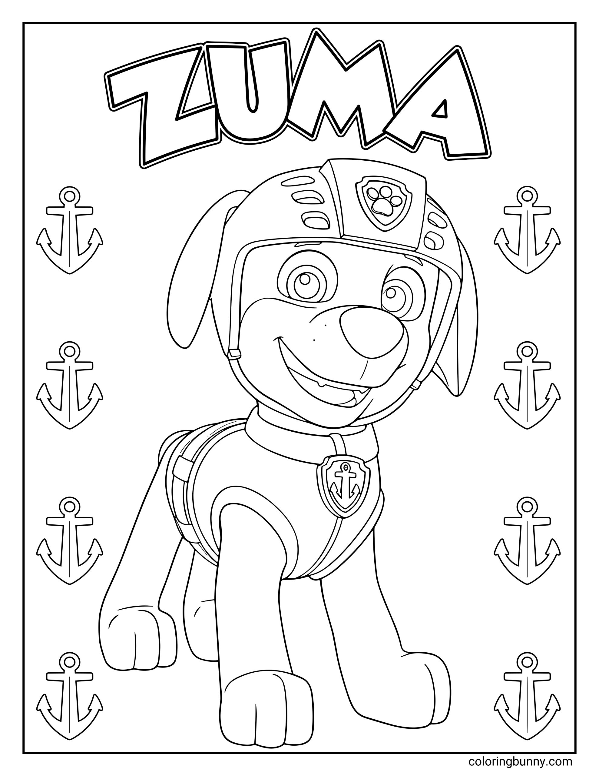 Coloring page of Zuma from Paw Patrol smiling in his orange water rescue gear and helmet, surrounded by anchor symbols and his name written in bold letters at the top.