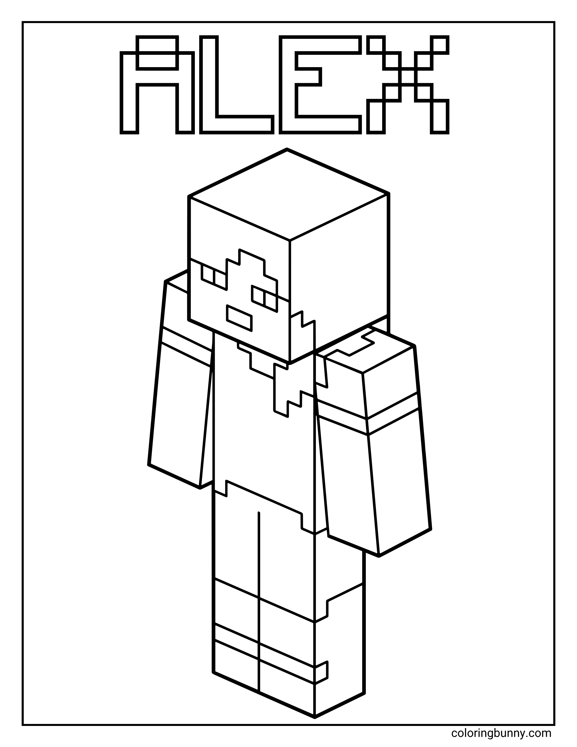 A Minecraft coloring page featuring Alex, standing in a blocky pixel-style design with the name “Alex” written above.