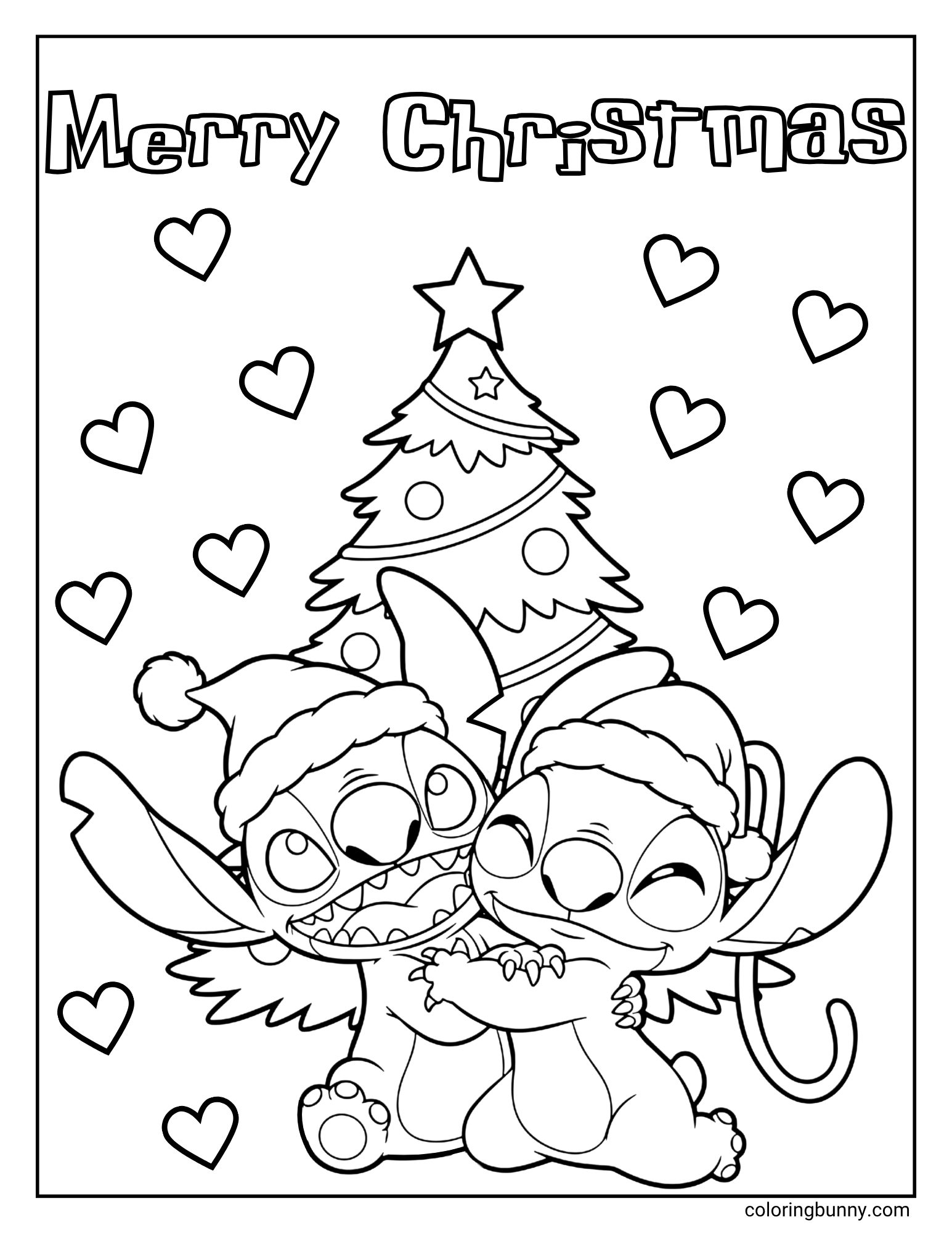 A "Merry Christmas" coloring page featuring the characters Stitch and Angel. They are both wearing Santa hats and hugging in front of a Christmas tree, surrounded by hearts.