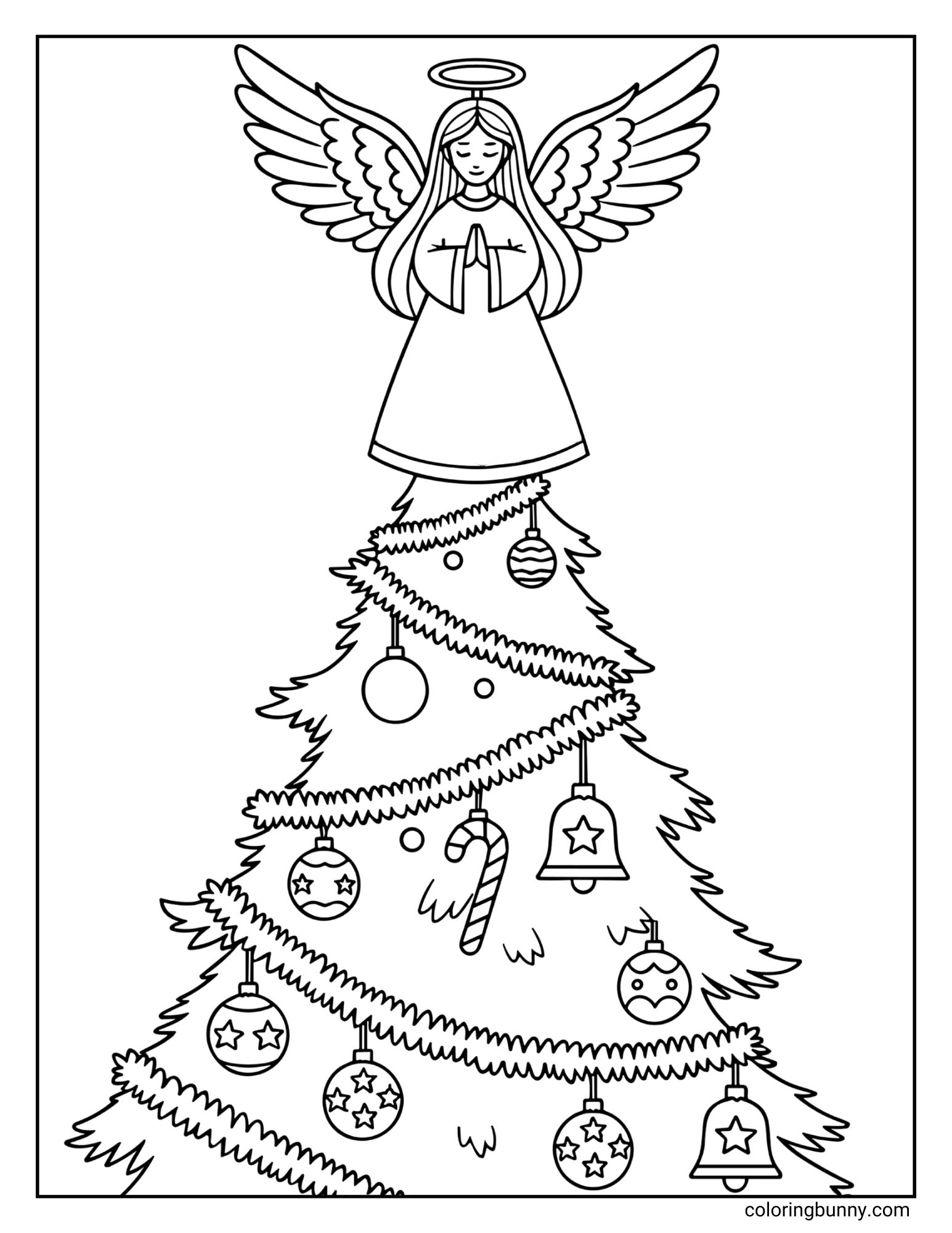 A black and white coloring page featuring a Christmas tree. The tree is decorated with garlands, ornaments, bells, and a candy cane. An angel with wings and a halo sits on the very top.