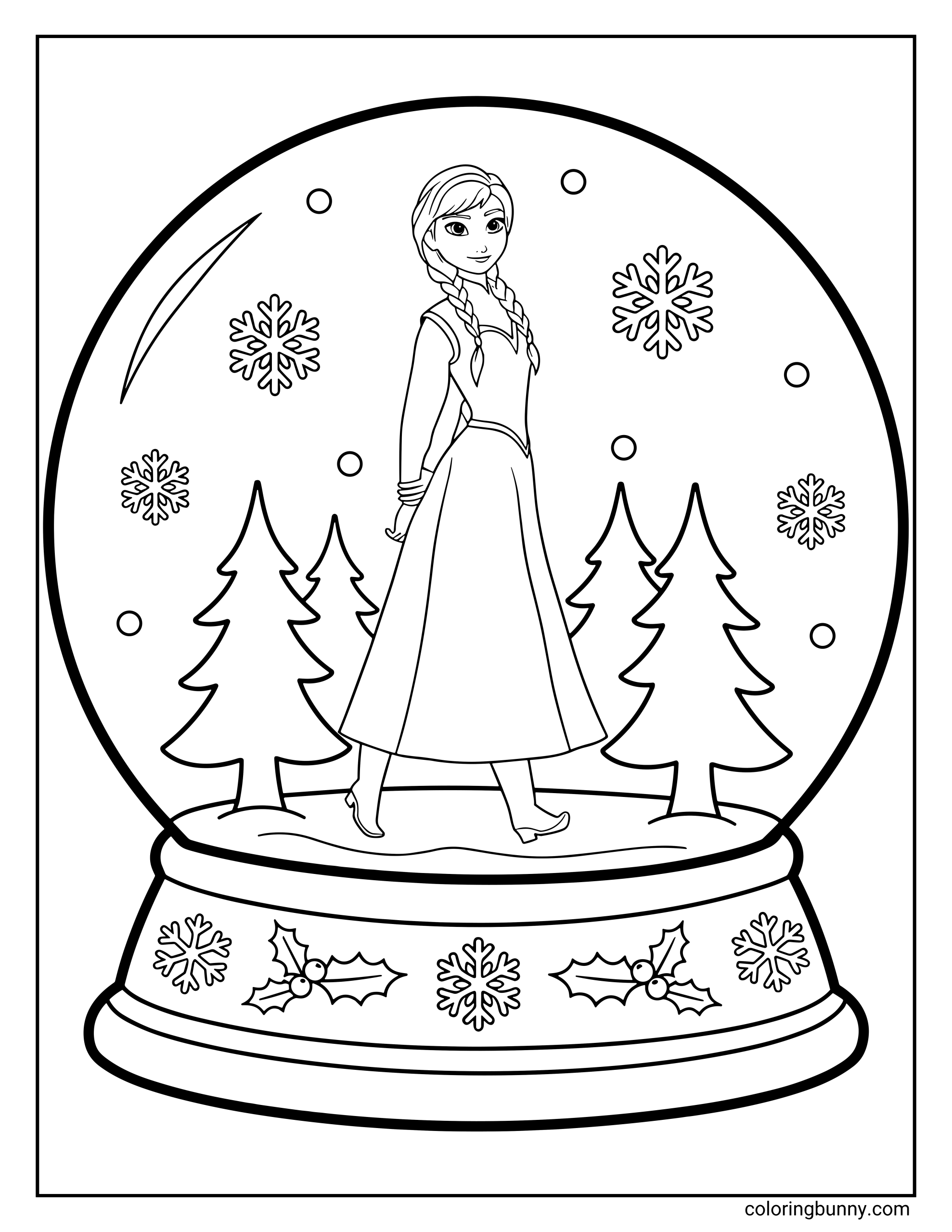 A Frozen coloring page of Anna standing inside a snow globe, surrounded by snowy trees and floating snowflakes. She’s wearing her classic winter dress with two braids as she poses calmly on the snowy base of the globe, decorated with holly and snowflake designs.
