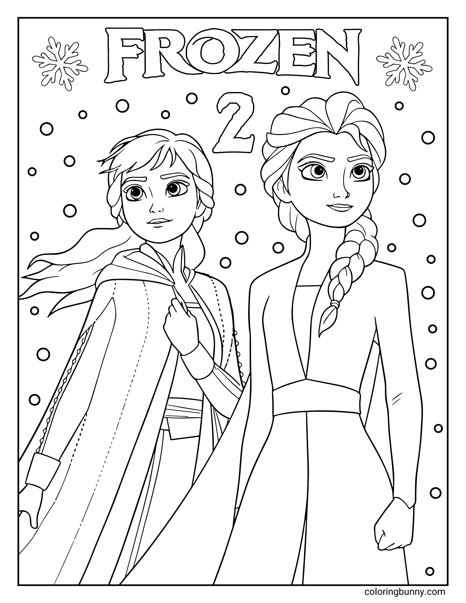 A Frozen 2 coloring page featuring Anna and Elsa standing side by side in their movie outfits. The title “FROZEN 2” is written above them with snowflakes on each side, and small circles resembling snow fill the background.