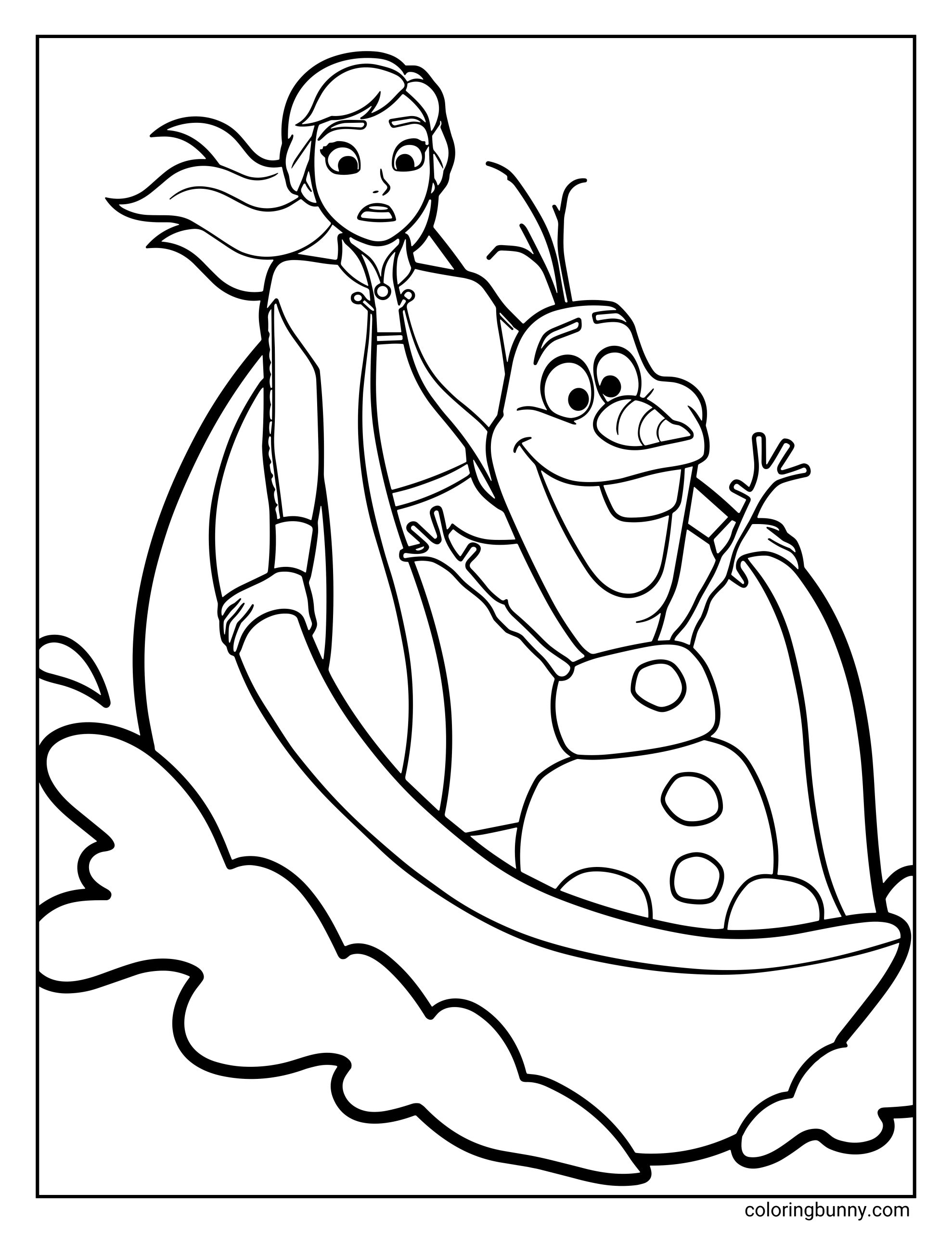 A Frozen 2 coloring page of Anna and Olaf riding together in a swirling sleigh made of icy magic. Anna looks surprised as her hair blows back, while Olaf throws his arms up excitedly with a huge smile.