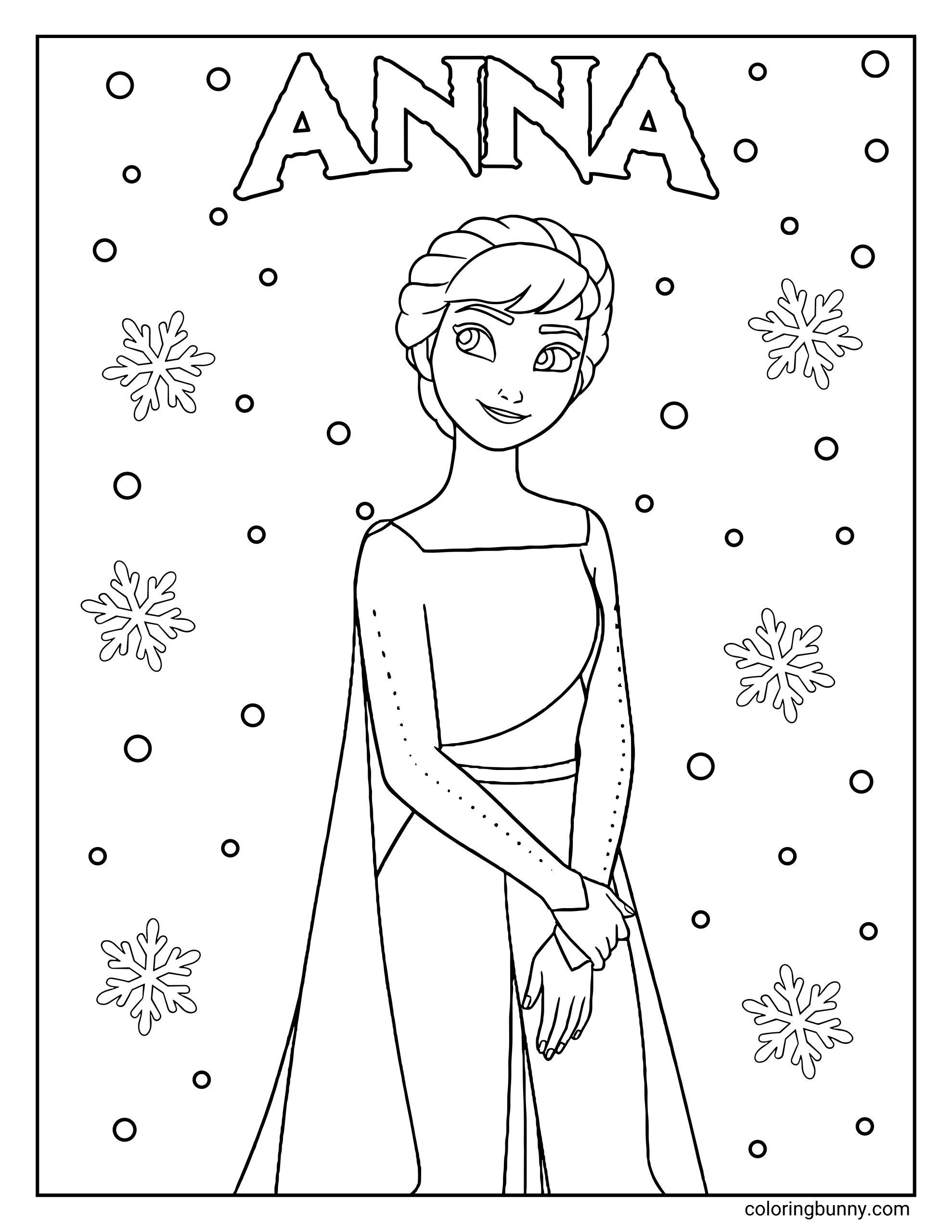 A Frozen coloring page featuring Anna standing gracefully with her hands folded in front of her. Her name “ANNA” appears at the top in bold, icy lettering, and snowflakes and small circles decorate the background.
