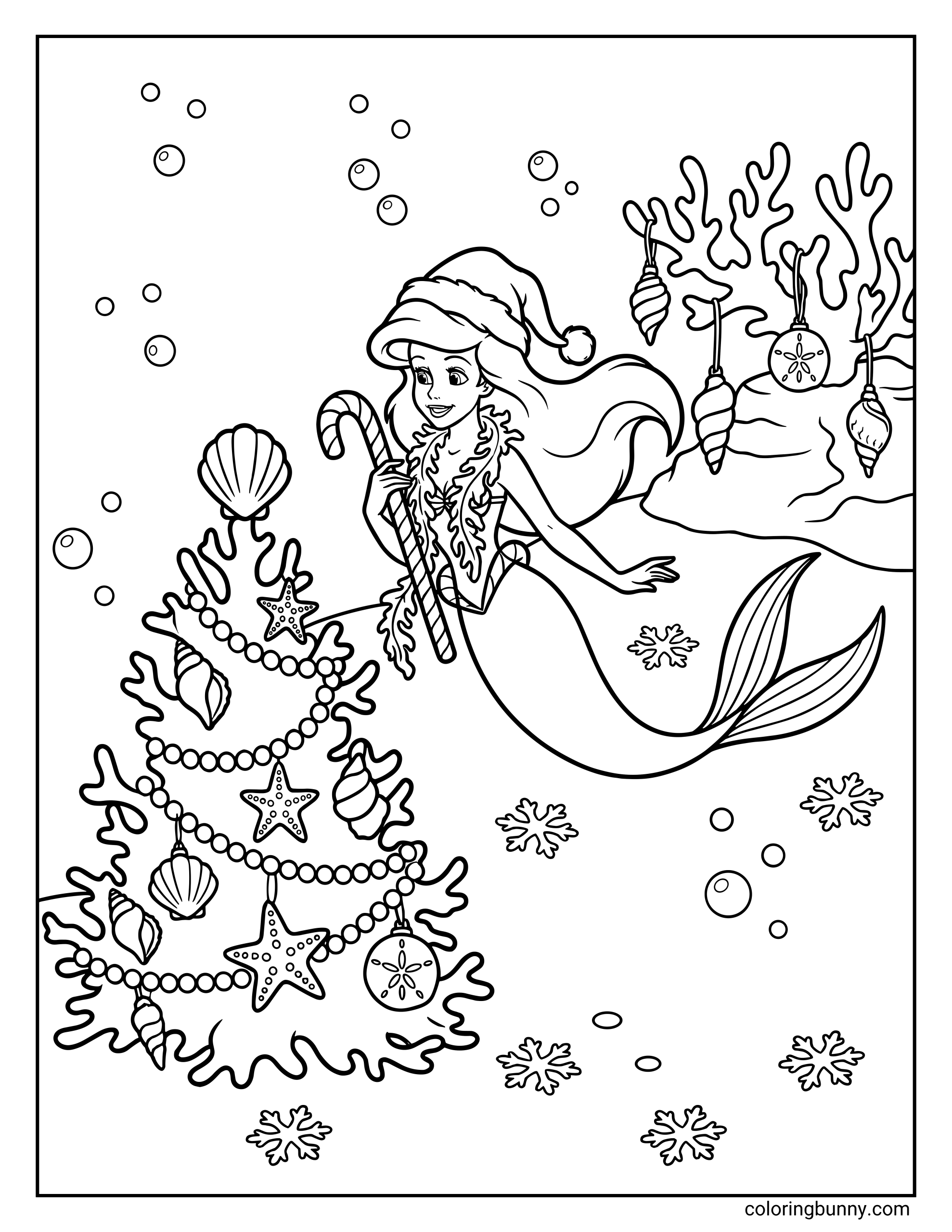 A Little Mermaid Disney Christmas coloring page of Ariel wearing a Santa hat and holding a candy cane as she swims beside an underwater Christmas tree decorated with shells, pearls, and starfish. Coral, ornaments, bubbles, and drifting snowflake shapes fill the festive ocean scene.