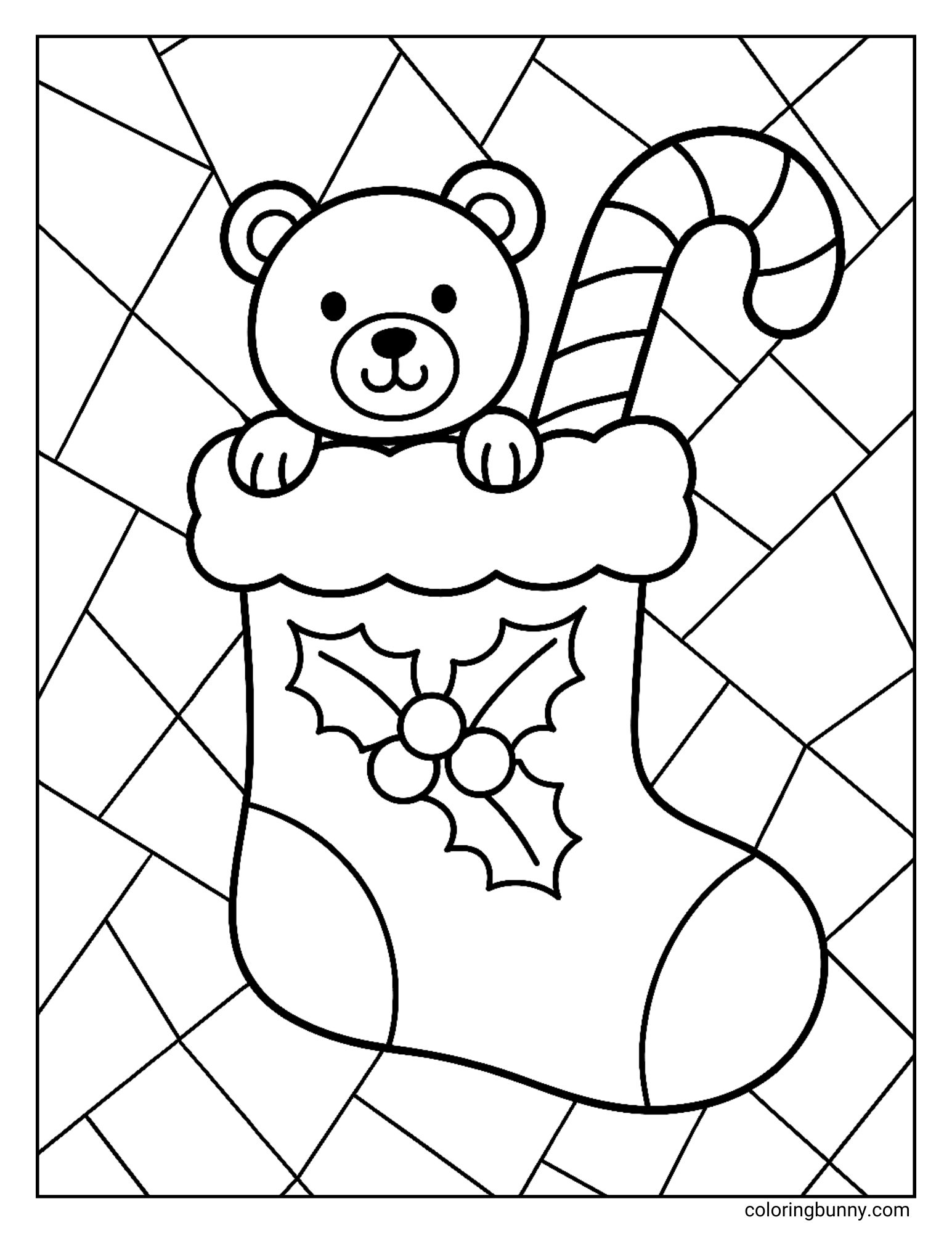 A coloring page showing a Christmas stocking decorated with holly leaves. Inside the stocking, a cute cartoon bear's head and paws are visible next to a large candy cane. The background is a geometric mosaic pattern.