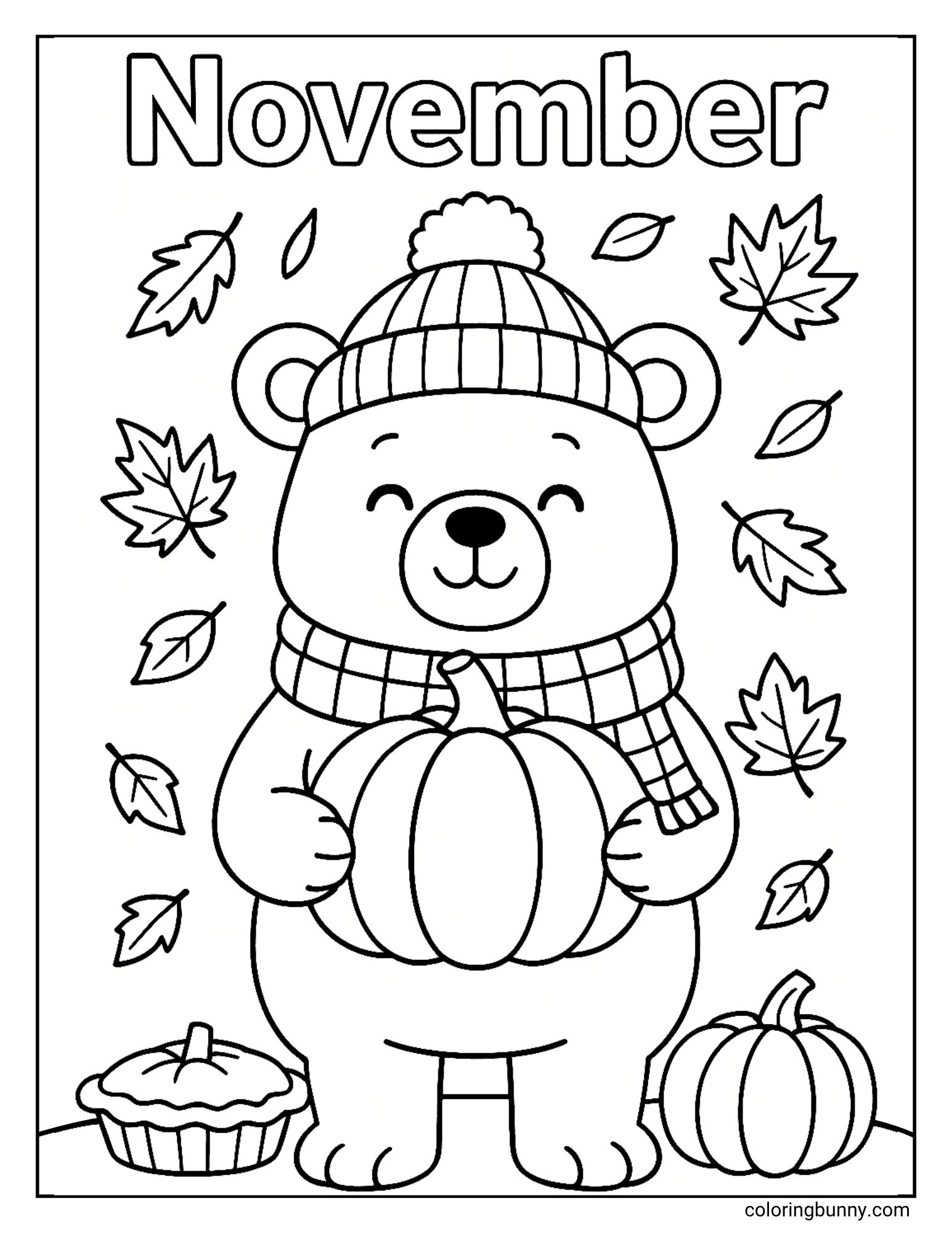 A black and white coloring page with the word "November" at the top. It features a cute bear wearing a knit hat and scarf, holding a pumpkin. A pumpkin pie and another pumpkin are at its feet, with falling leaves in the background.