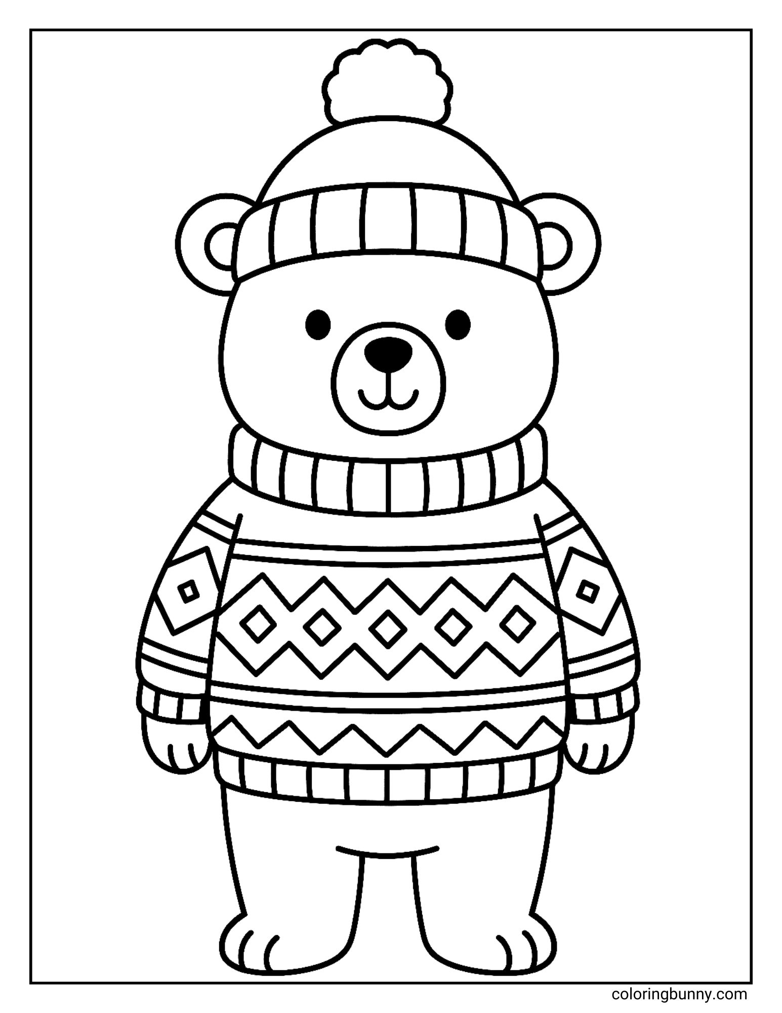 A Christmas sweater coloring sheet featuring a cartoon bear standing up. The bear wears a winter hat with a pom-pom and a sweater decorated with diamond and zig-zag patterns.