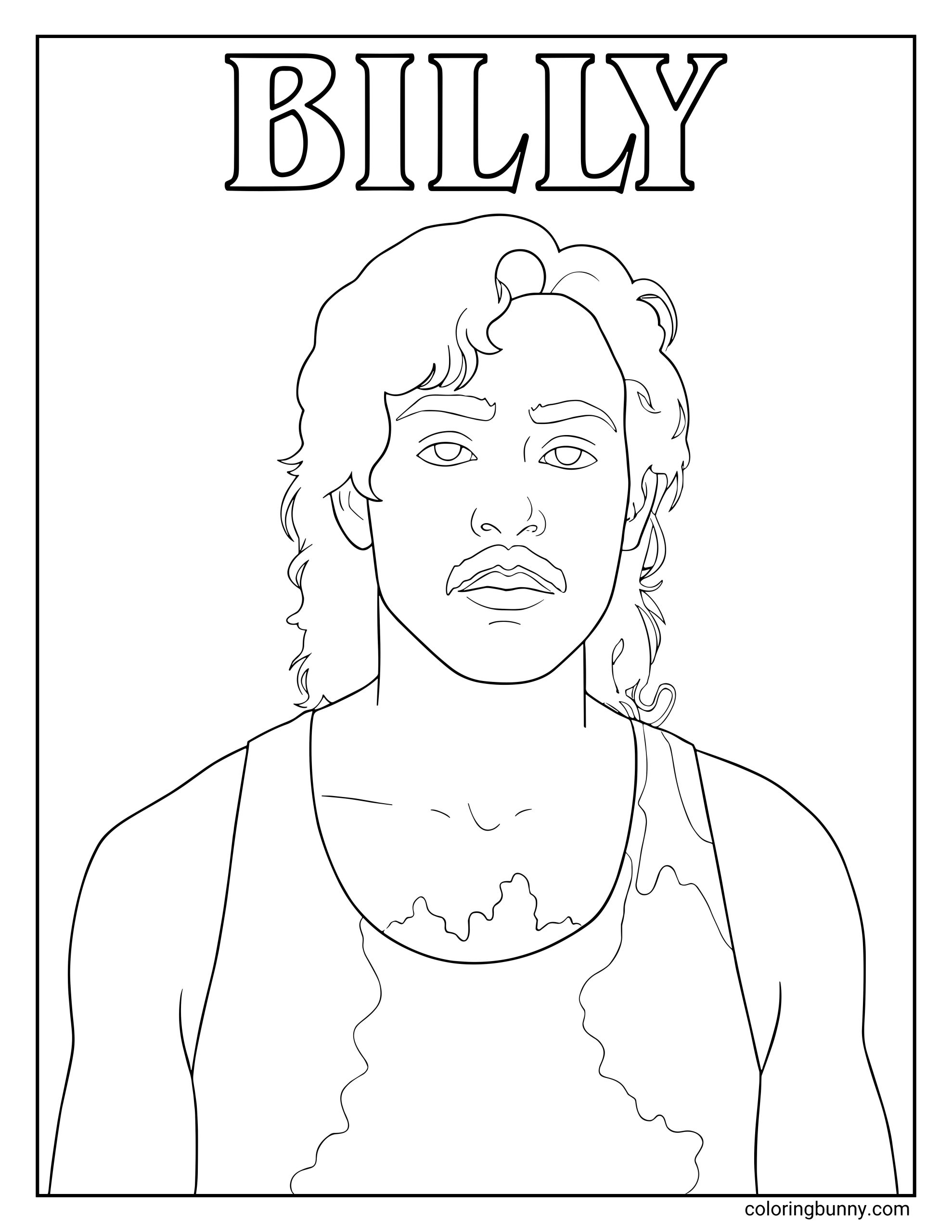 A Stranger Things coloring page featuring Billy Hargrove in his signature tank top, with his name “BILLY” written in bold letters above him.