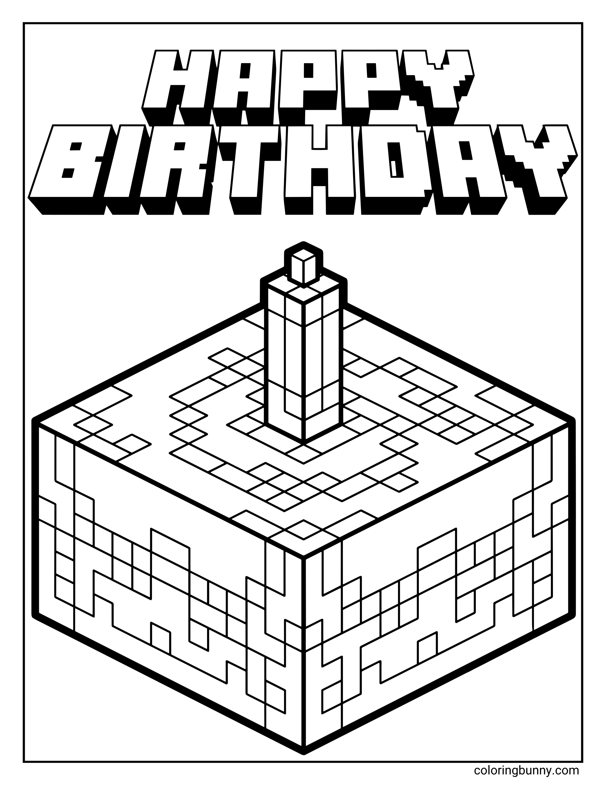 A Minecraft coloring page featuring a pixelated birthday cake block with a candle on top and the words “Happy Birthday” written above in bold Minecraft-style text.
