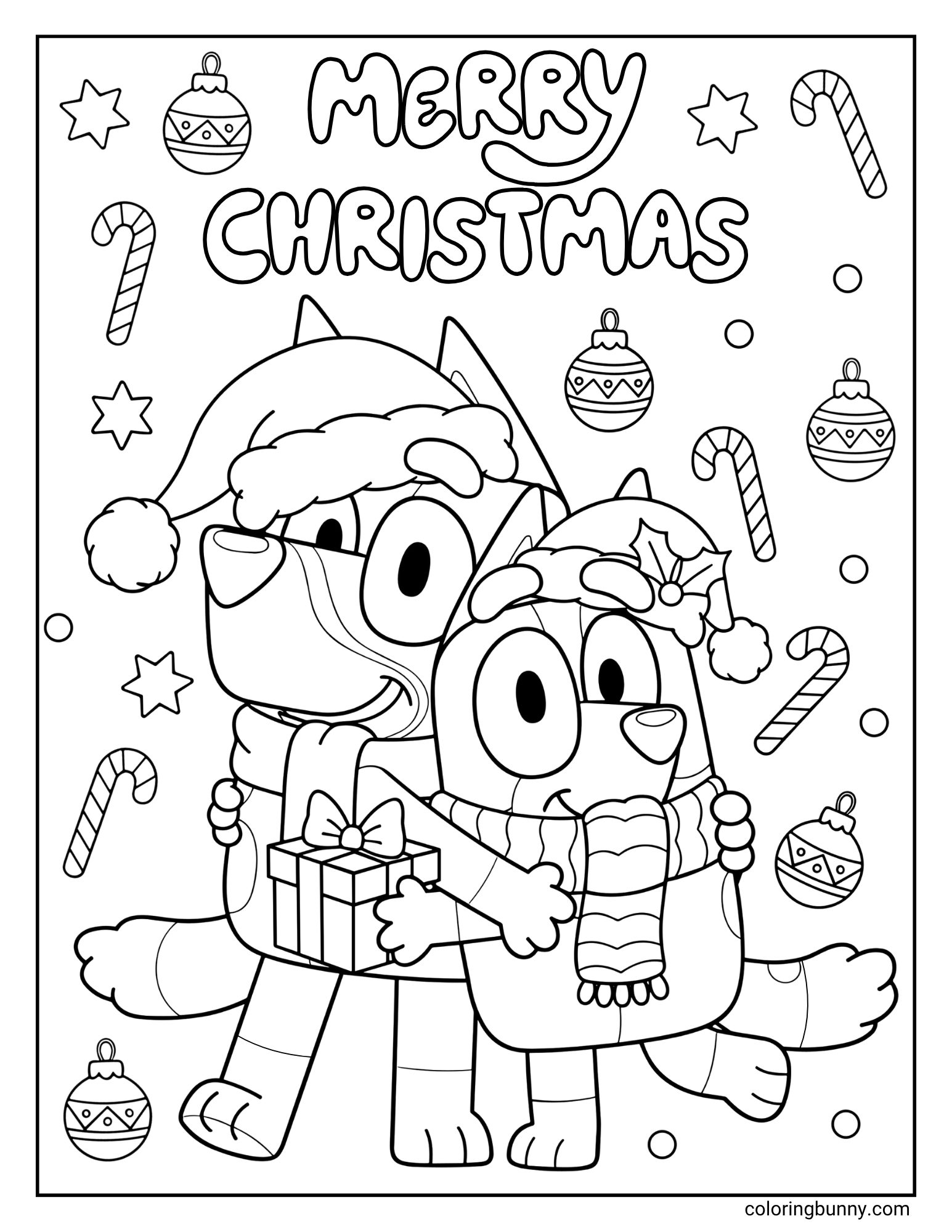 A "MERRY CHRISTMAS" coloring page featuring the characters Bluey and Bingo. They are both wearing Santa hats and scarves, and Bluey is hugging Bingo, who is holding a present. The background is filled with ornaments and candy canes.